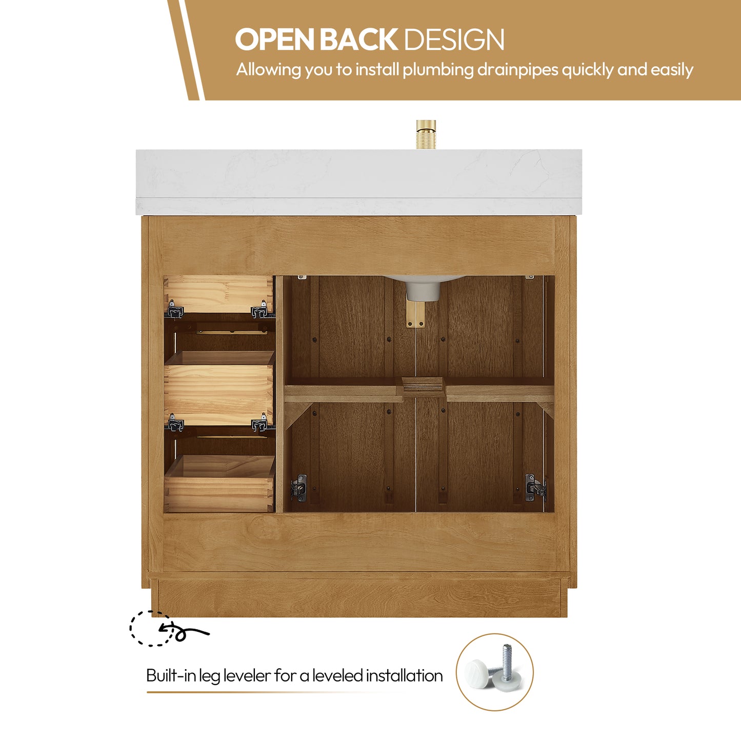 Vinnova, Bangkok 36" Single Sink Bath Vanity in Mango Wood Light Brown with White Grain Composite Stone Top