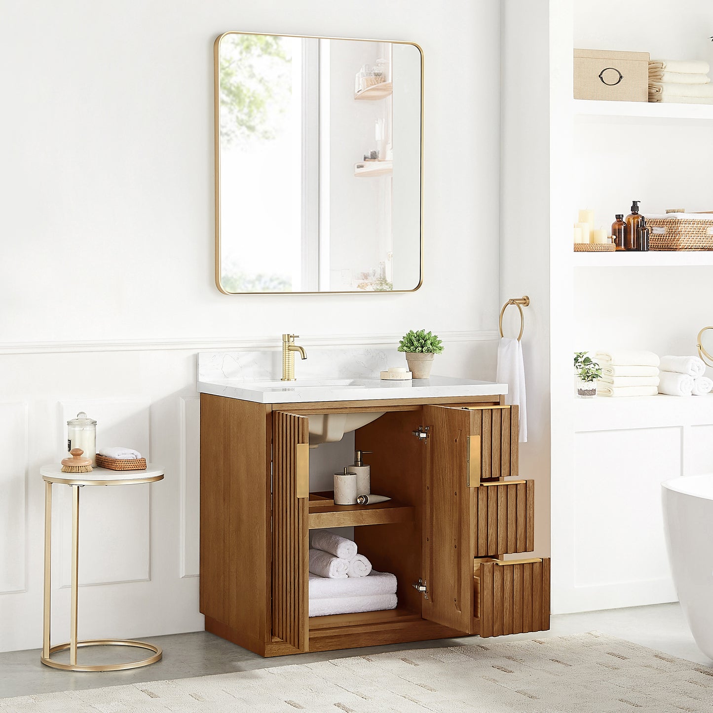 Vinnova, Bangkok 36" Single Sink Bath Vanity in Mango Wood Light Brown with White Grain Composite Stone Top