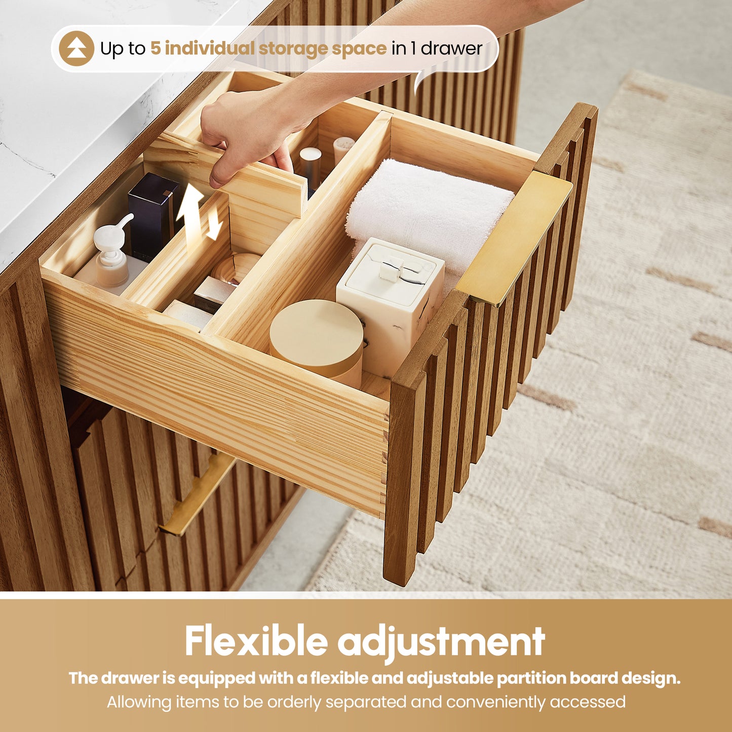 Vinnova, Bangkok 36" Single Sink Bath Vanity in Mango Wood Light Brown with White Grain Composite Stone Top