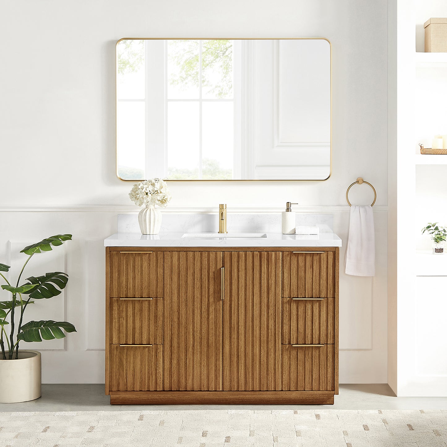 Vinnova, Bangkok 48" Single Sink Bath Vanity in Mango Wood Light Brown with with White Grain Composite Stone Top