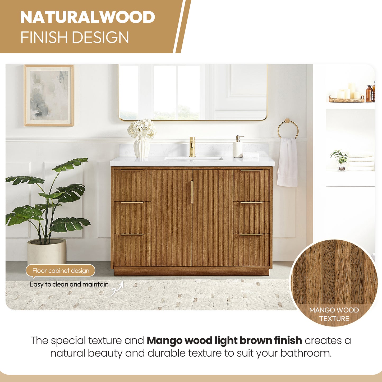 Vinnova, Bangkok 48" Single Sink Bath Vanity in Mango Wood Light Brown with with White Grain Composite Stone Top