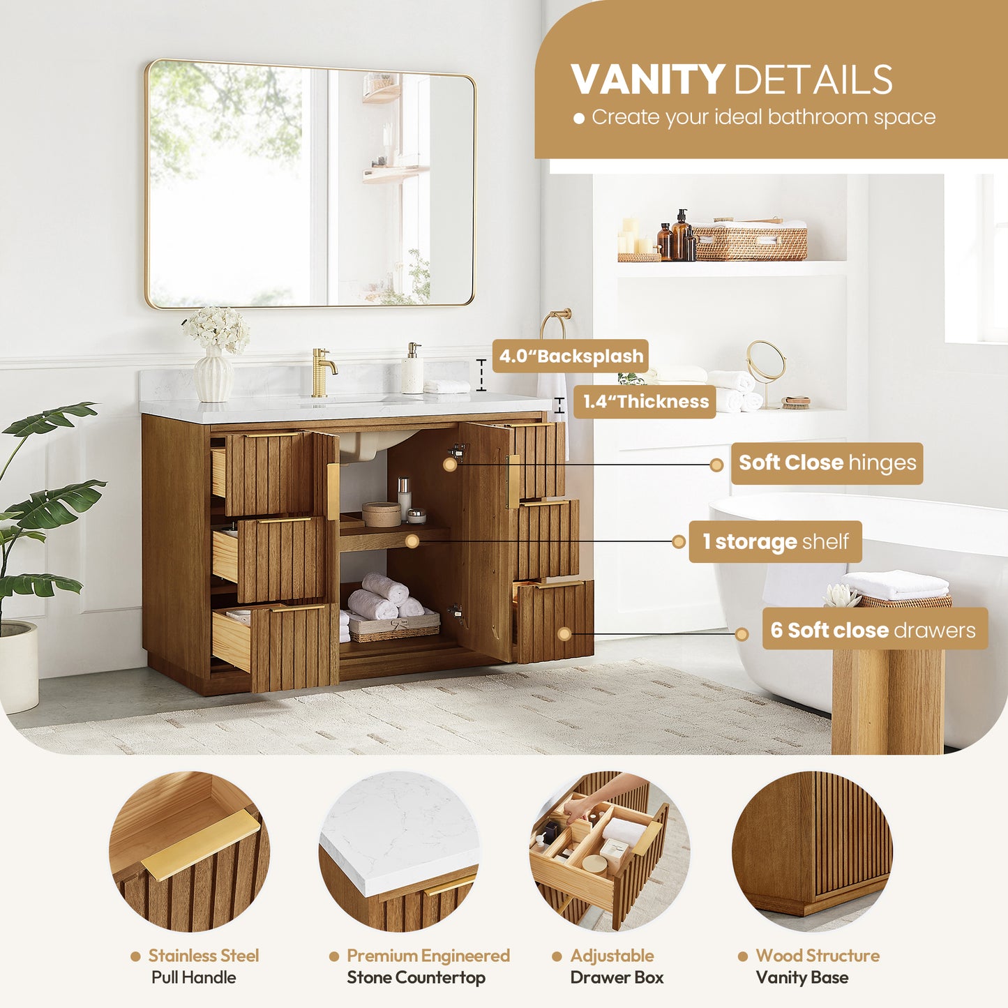 Vinnova, Bangkok 48" Single Sink Bath Vanity in Mango Wood Light Brown with with White Grain Composite Stone Top