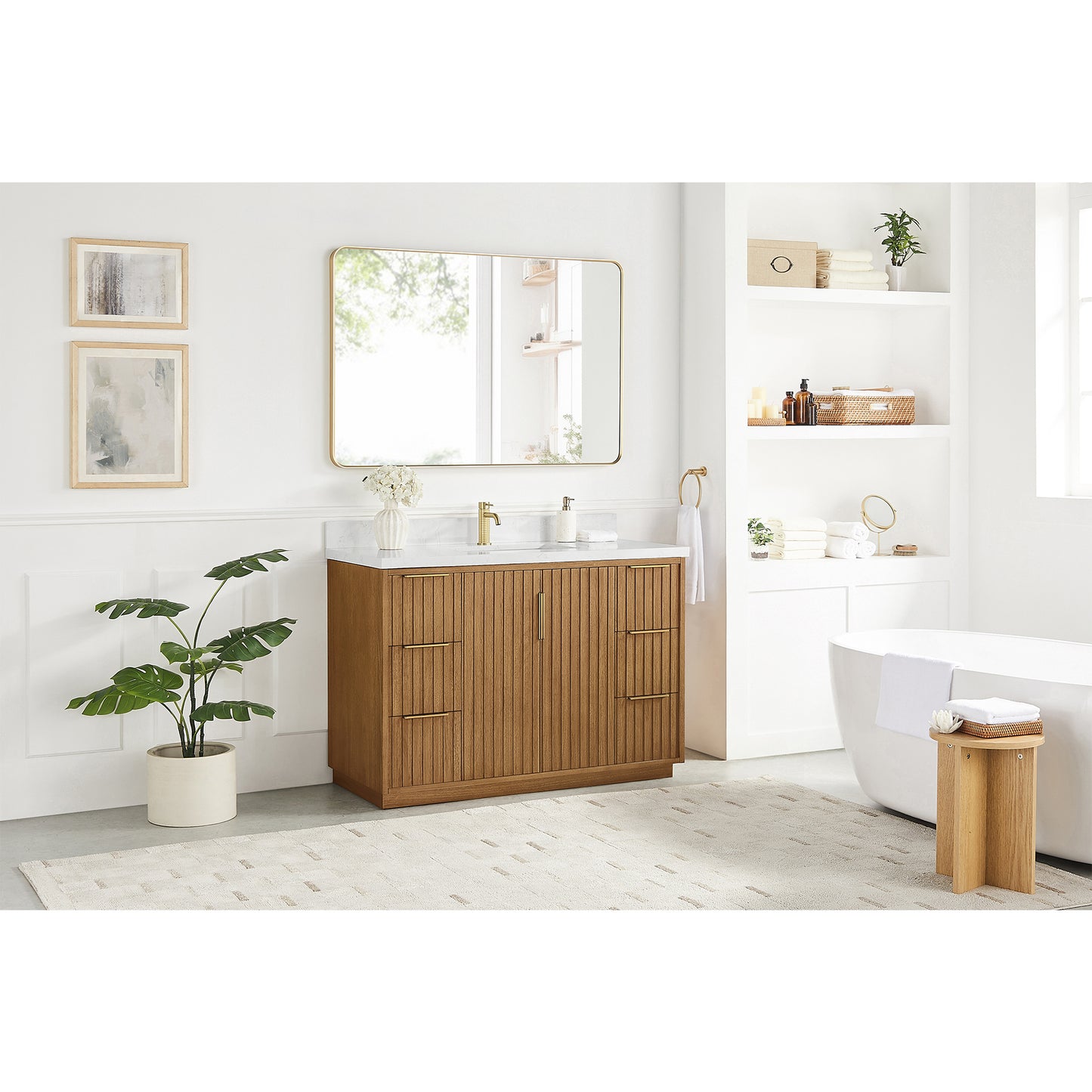 Vinnova, Bangkok 48" Single Sink Bath Vanity in Mango Wood Light Brown with with White Grain Composite Stone Top