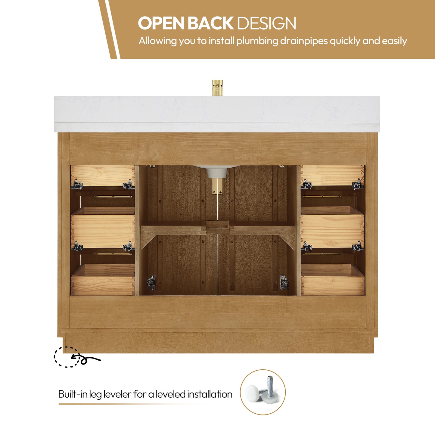 Vinnova, Bangkok 48" Single Sink Bath Vanity in Mango Wood Light Brown with with White Grain Composite Stone Top