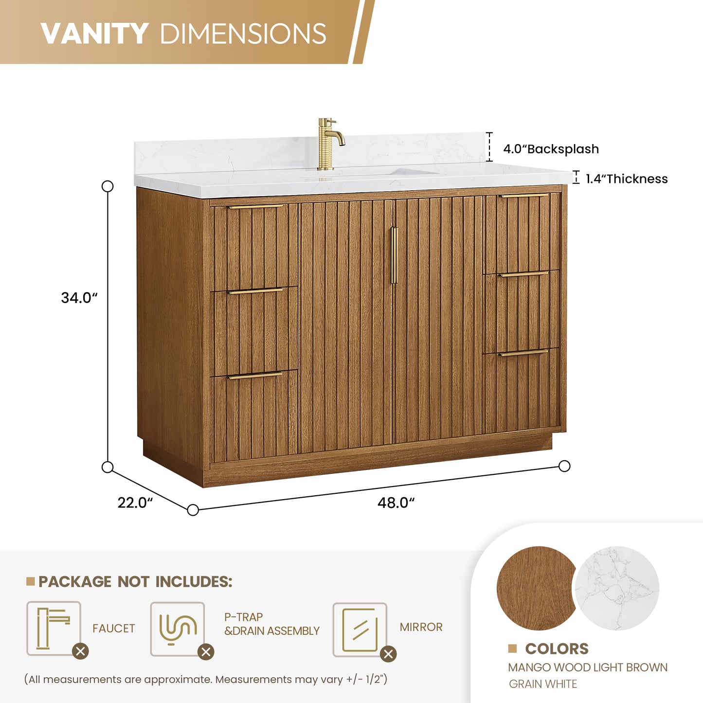Vinnova, Bangkok 48" Single Sink Bath Vanity in Mango Wood Light Brown with with White Grain Composite Stone Top