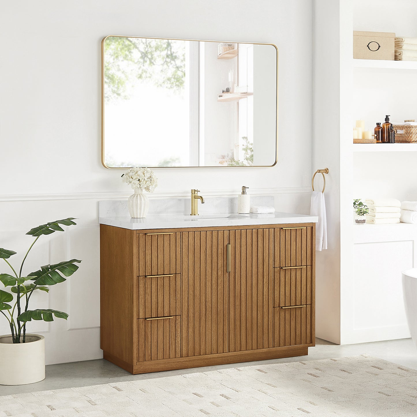 Vinnova, Bangkok 48" Single Sink Bath Vanity in Mango Wood Light Brown with with White Grain Composite Stone Top