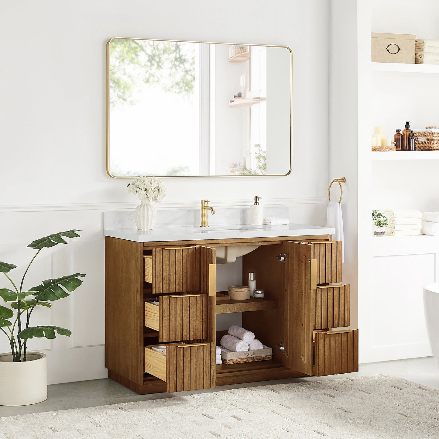 Vinnova, Bangkok 48" Single Sink Bath Vanity in Mango Wood Light Brown with with White Grain Composite Stone Top