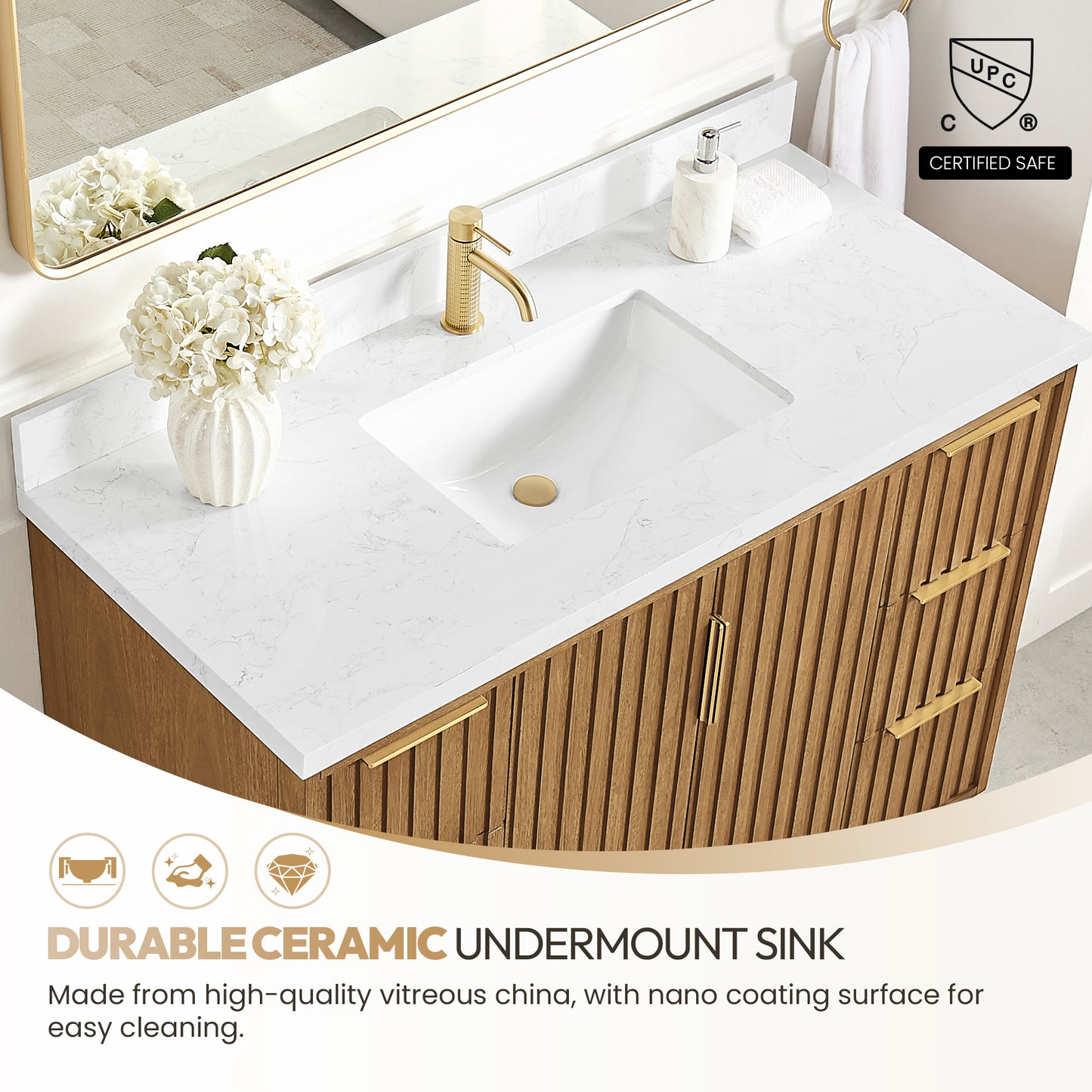 Vinnova, Bangkok 48" Single Sink Bath Vanity in Mango Wood Light Brown with with White Grain Composite Stone Top