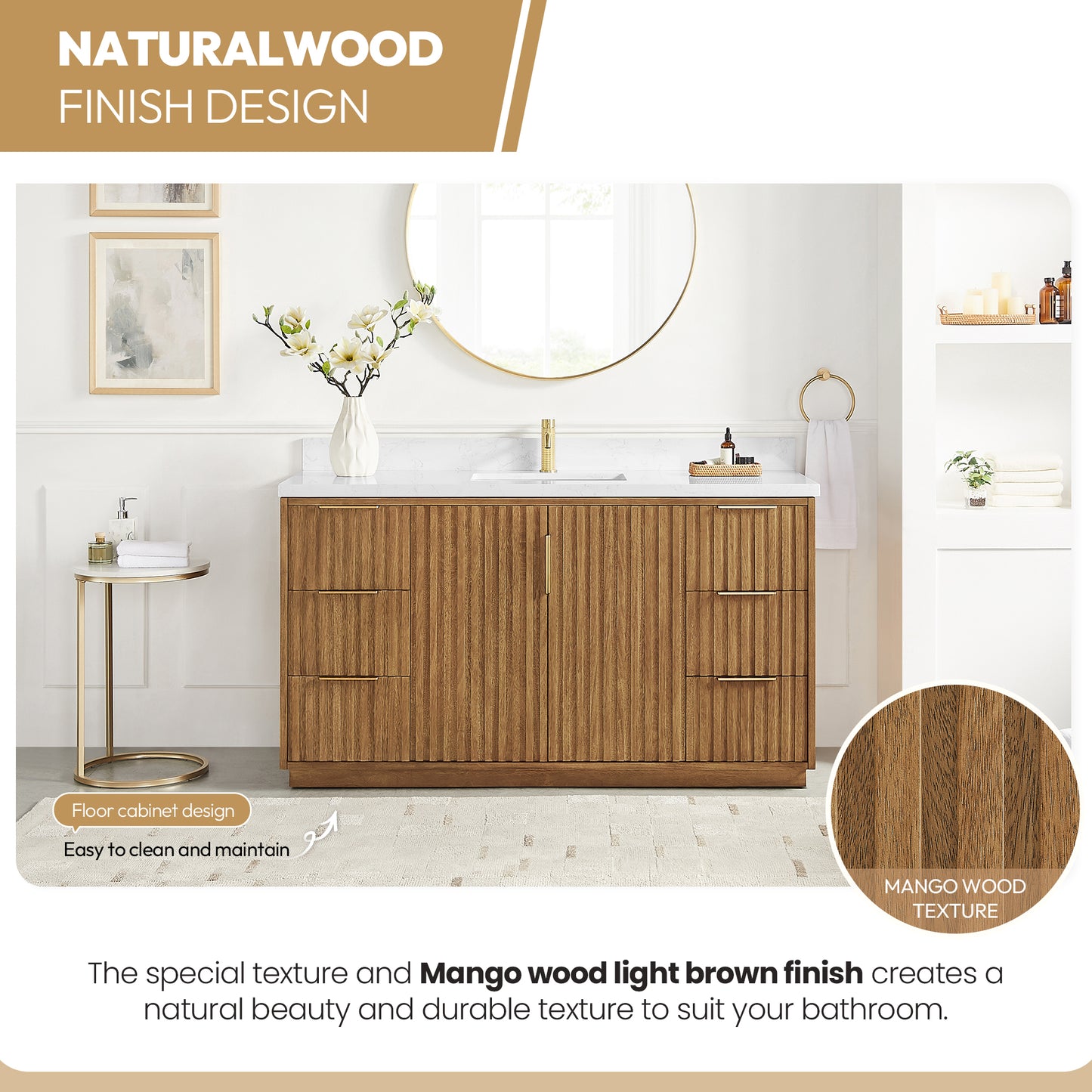 Vinnova, Bangkok 60" Single Sink Bath Vanity in Mango Wood Light Brown with White Grain Composite Stone Top