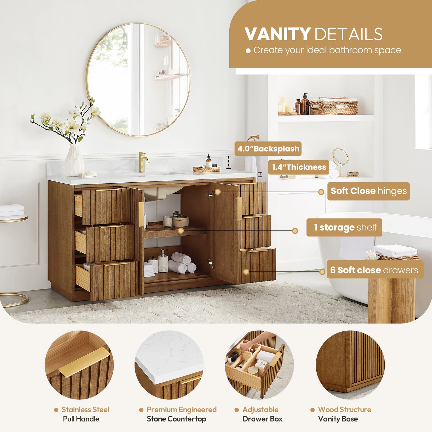 Vinnova, Bangkok 60" Single Sink Bath Vanity in Mango Wood Light Brown with White Grain Composite Stone Top