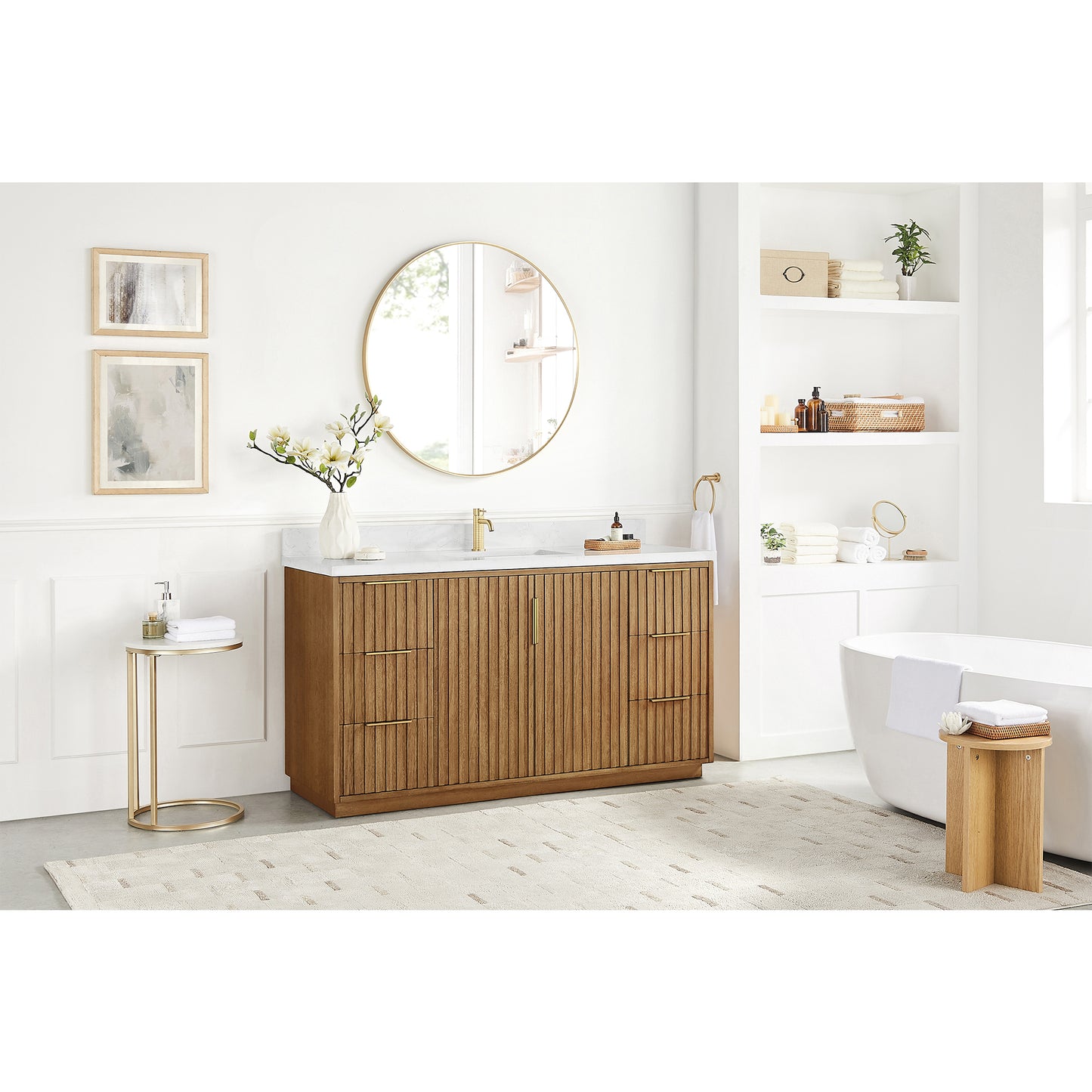 Vinnova, Bangkok 60" Single Sink Bath Vanity in Mango Wood Light Brown with White Grain Composite Stone Top