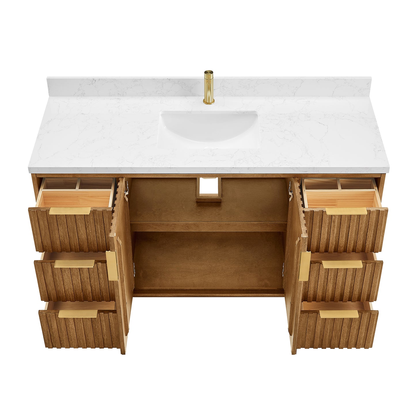 Vinnova, Bangkok 60" Single Sink Bath Vanity in Mango Wood Light Brown with White Grain Composite Stone Top