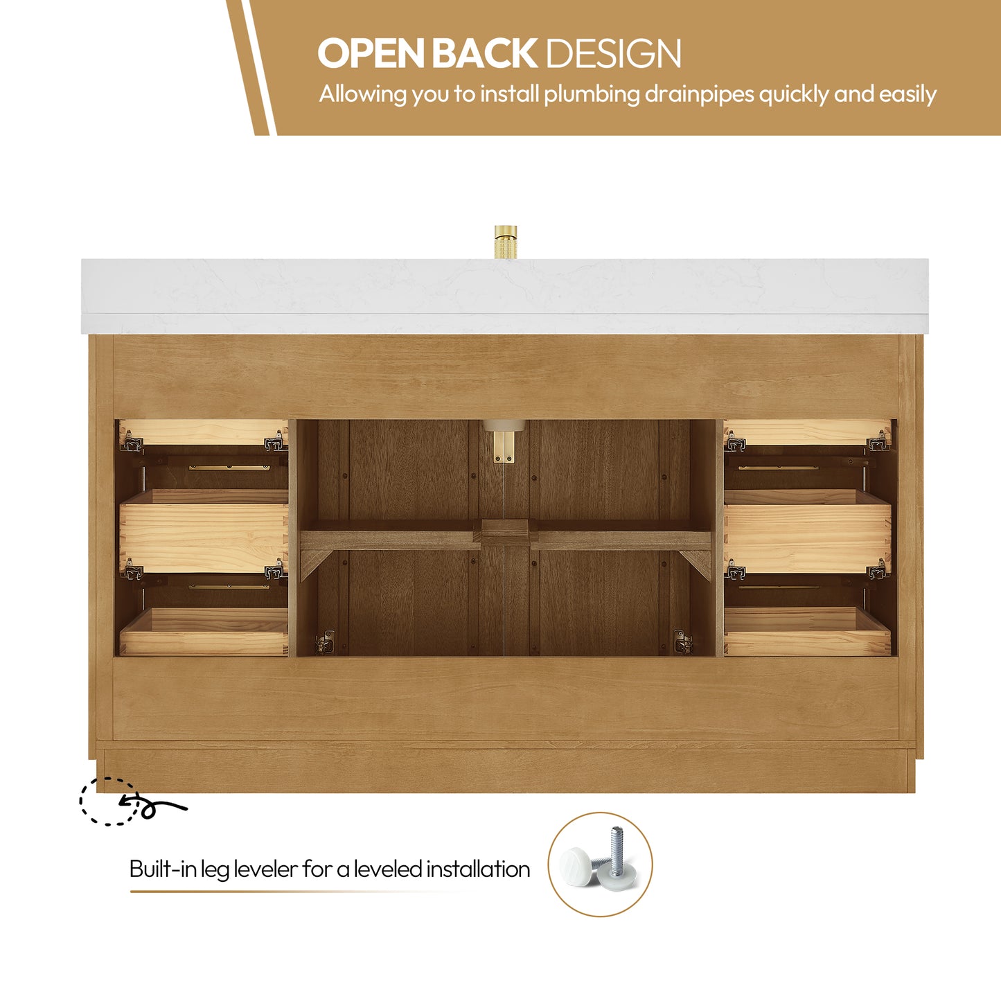 Vinnova, Bangkok 60" Single Sink Bath Vanity in Mango Wood Light Brown with White Grain Composite Stone Top