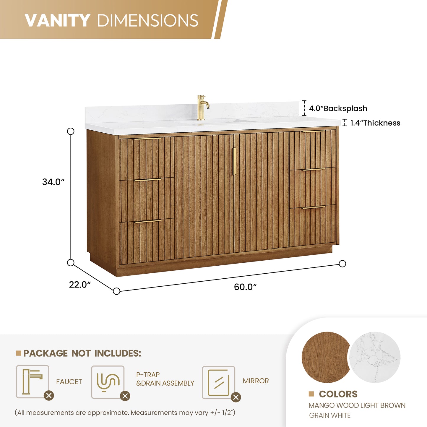 Vinnova, Bangkok 60" Single Sink Bath Vanity in Mango Wood Light Brown with White Grain Composite Stone Top