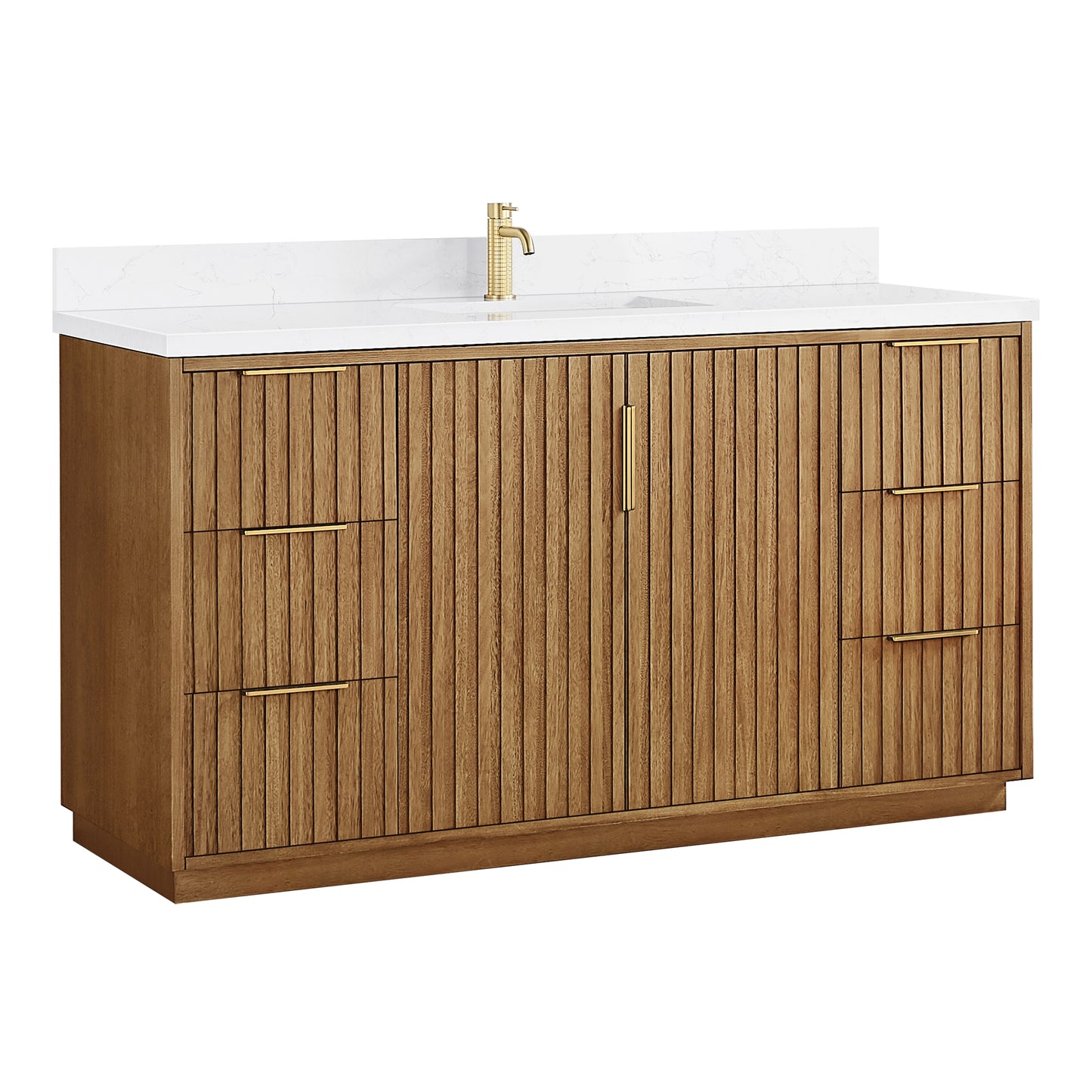 Vinnova, Bangkok 60" Single Sink Bath Vanity in Mango Wood Light Brown with White Grain Composite Stone Top