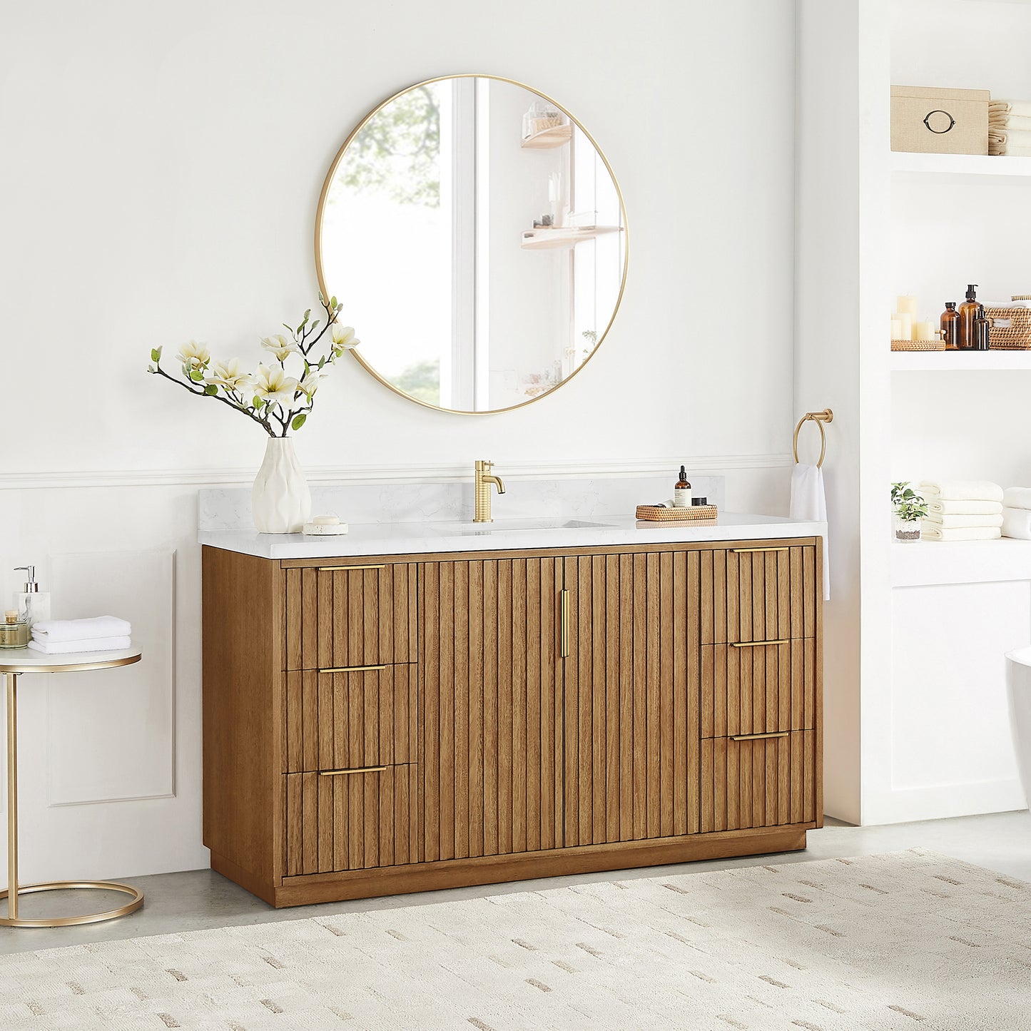 Vinnova, Bangkok 60" Single Sink Bath Vanity in Mango Wood Light Brown with White Grain Composite Stone Top