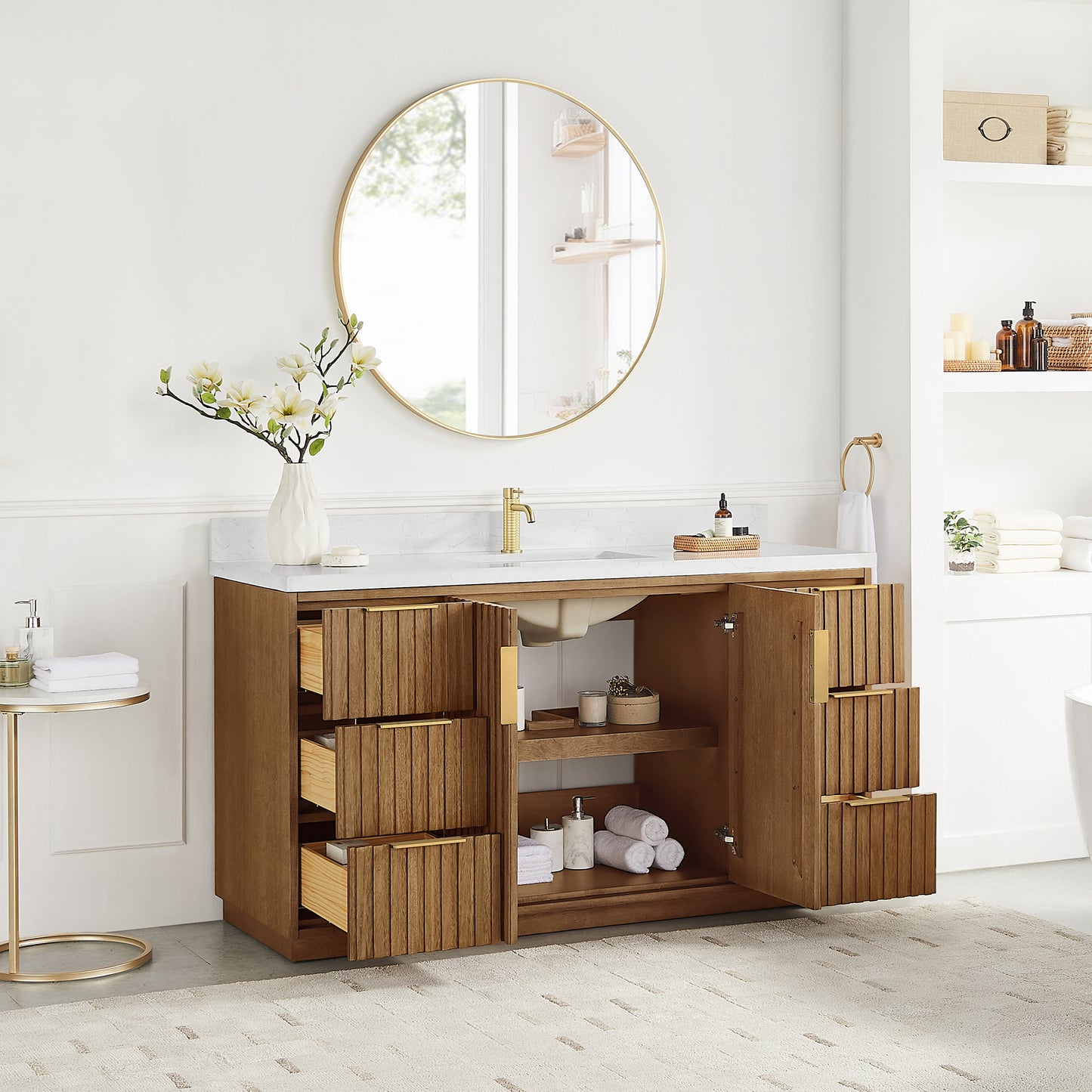 Vinnova, Bangkok 60" Single Sink Bath Vanity in Mango Wood Light Brown with White Grain Composite Stone Top