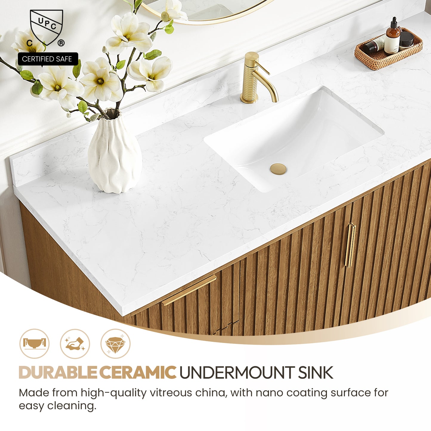 Vinnova, Bangkok 60" Single Sink Bath Vanity in Mango Wood Light Brown with White Grain Composite Stone Top
