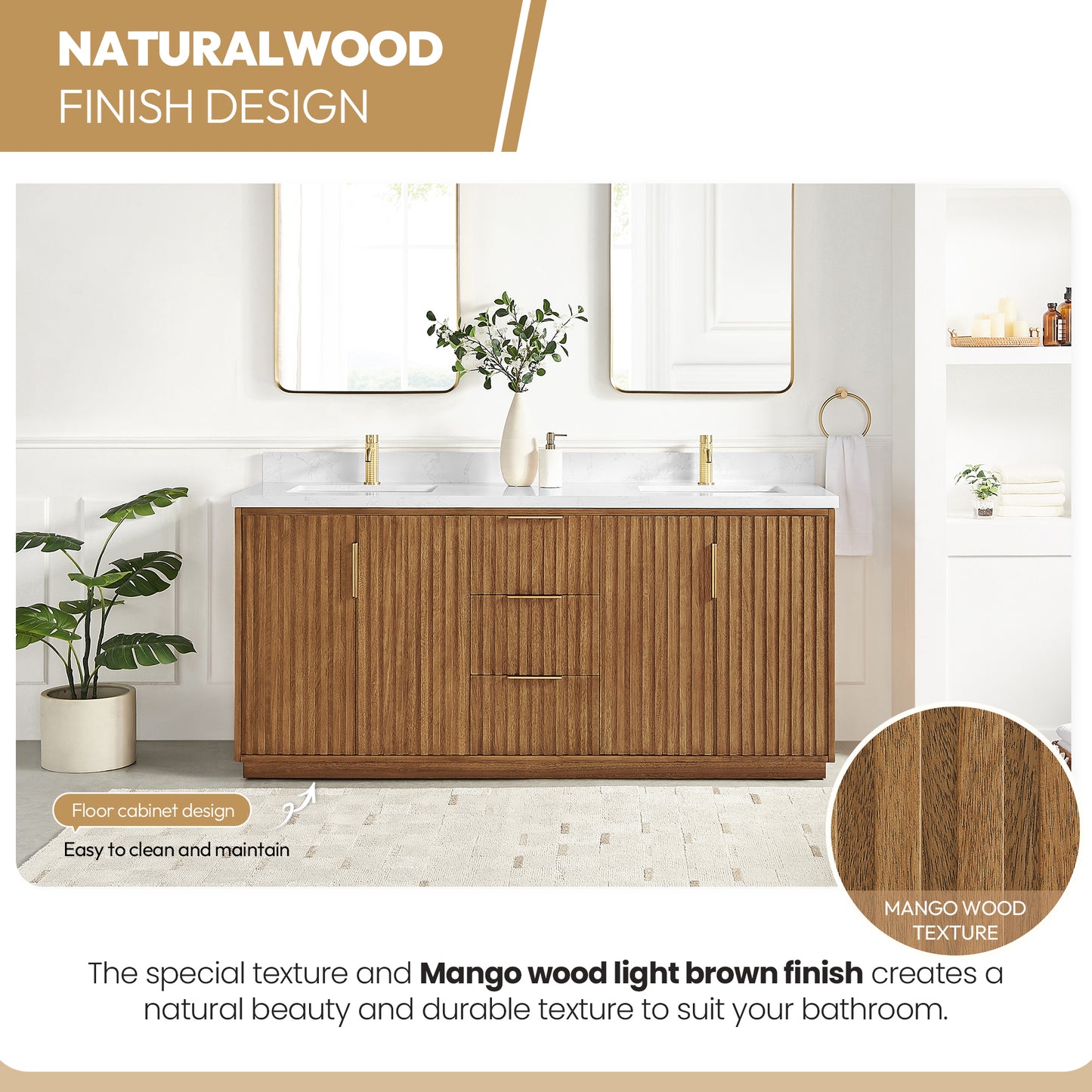 Vinnova, Bangkok 72" Double Sink Bath Vanity in Mango Wood Light Brown with White Grain Composite Stone Top