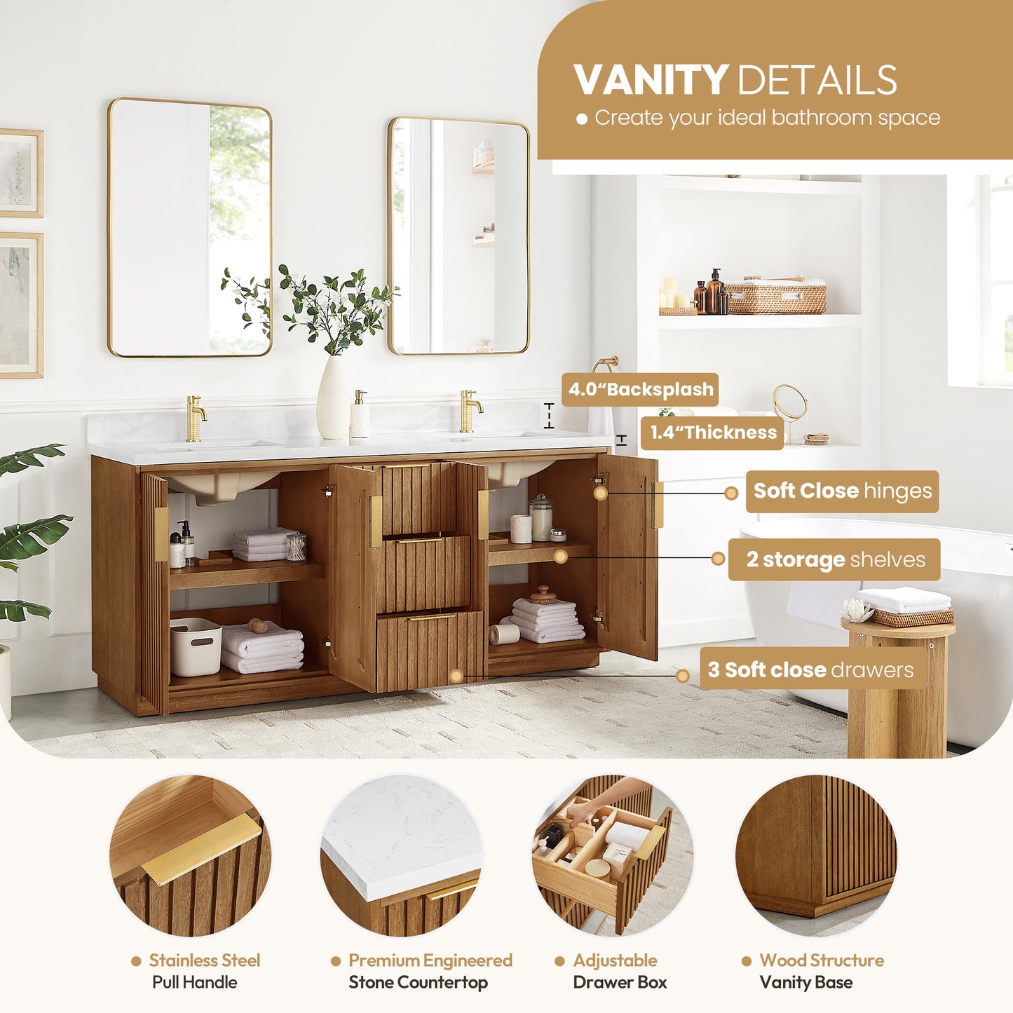 Vinnova, Bangkok 72" Double Sink Bath Vanity in Mango Wood Light Brown with White Grain Composite Stone Top