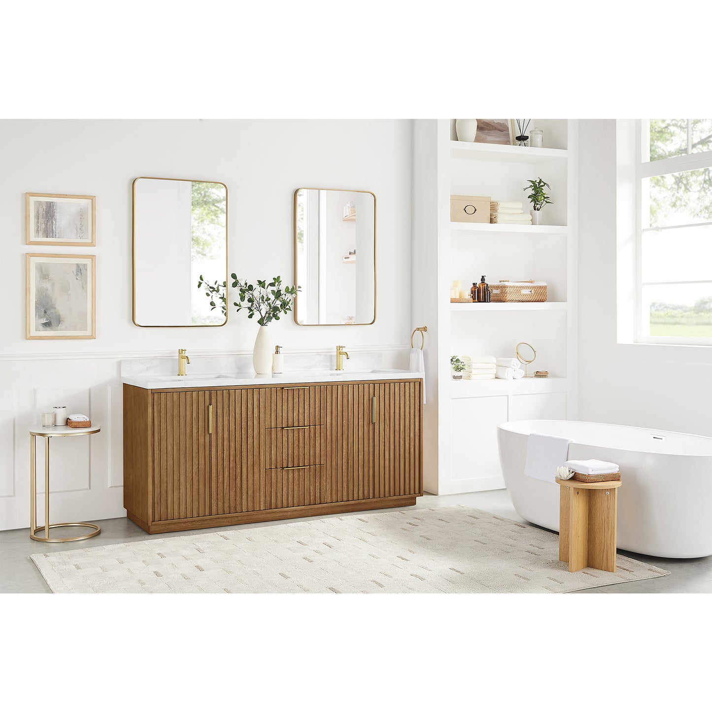Vinnova, Bangkok 72" Double Sink Bath Vanity in Mango Wood Light Brown with White Grain Composite Stone Top