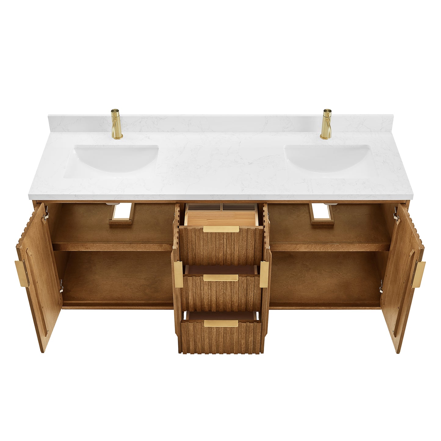 Vinnova, Bangkok 72" Double Sink Bath Vanity in Mango Wood Light Brown with White Grain Composite Stone Top