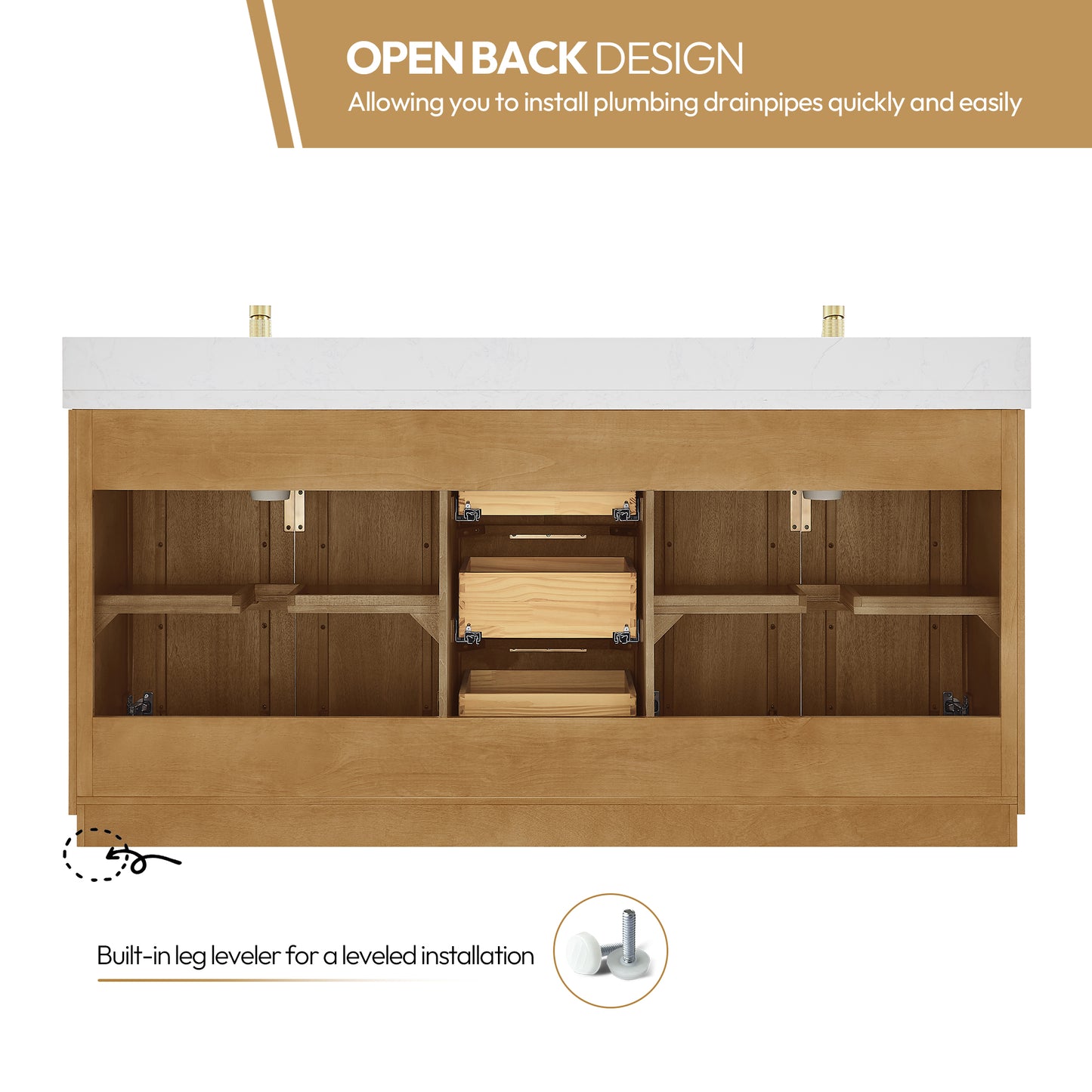 Vinnova, Bangkok 72" Double Sink Bath Vanity in Mango Wood Light Brown with White Grain Composite Stone Top