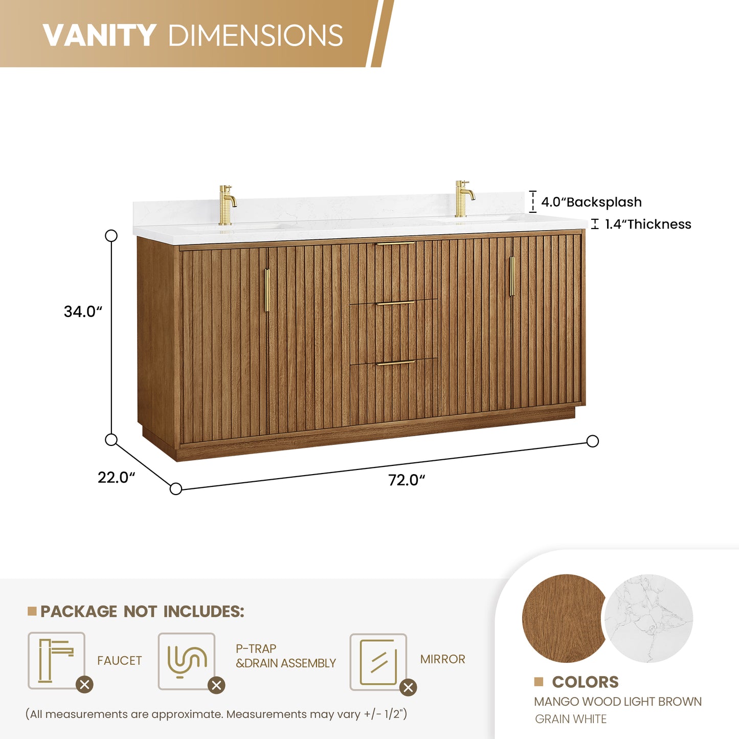 Vinnova, Bangkok 72" Double Sink Bath Vanity in Mango Wood Light Brown with White Grain Composite Stone Top
