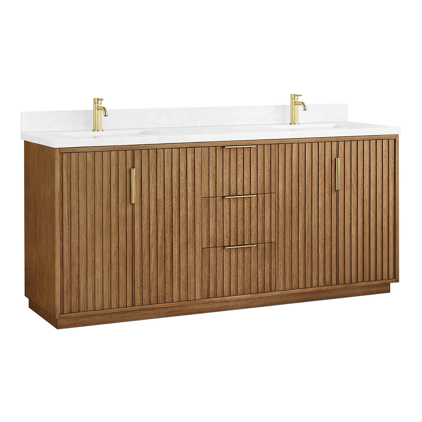Vinnova, Bangkok 72" Double Sink Bath Vanity in Mango Wood Light Brown with White Grain Composite Stone Top