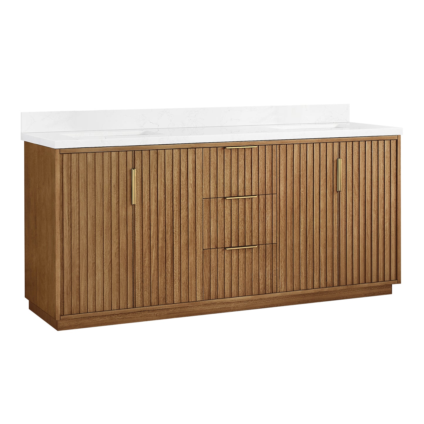 Vinnova, Bangkok 72" Double Sink Bath Vanity in Mango Wood Light Brown with White Grain Composite Stone Top