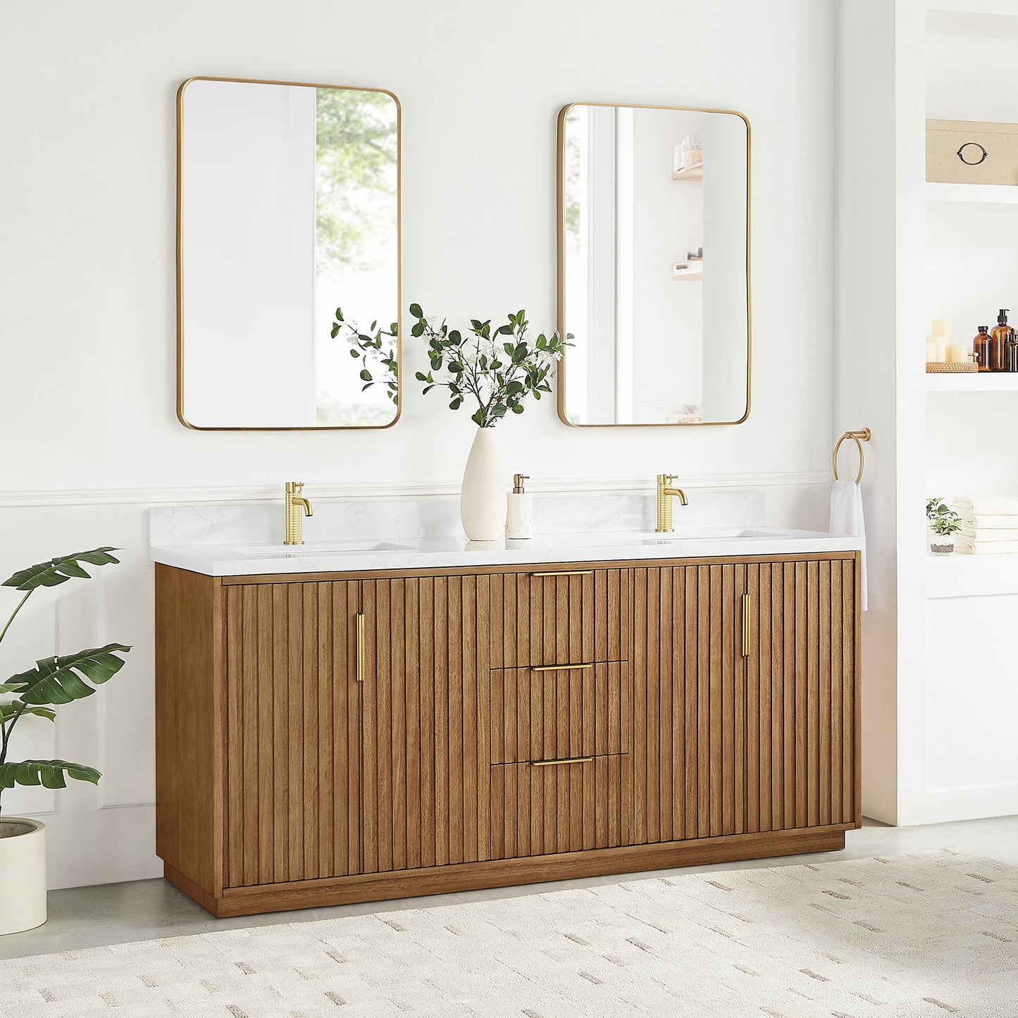 Vinnova, Bangkok 72" Double Sink Bath Vanity in Mango Wood Light Brown with White Grain Composite Stone Top