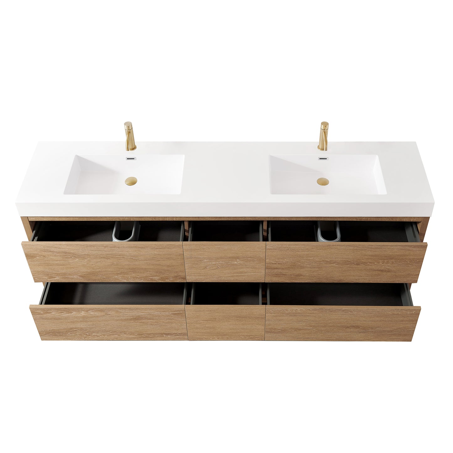 Vinnova, Huesca 84" Double Sink Bath Vanity in North American Oak with White Composite Integral Square Sink Top