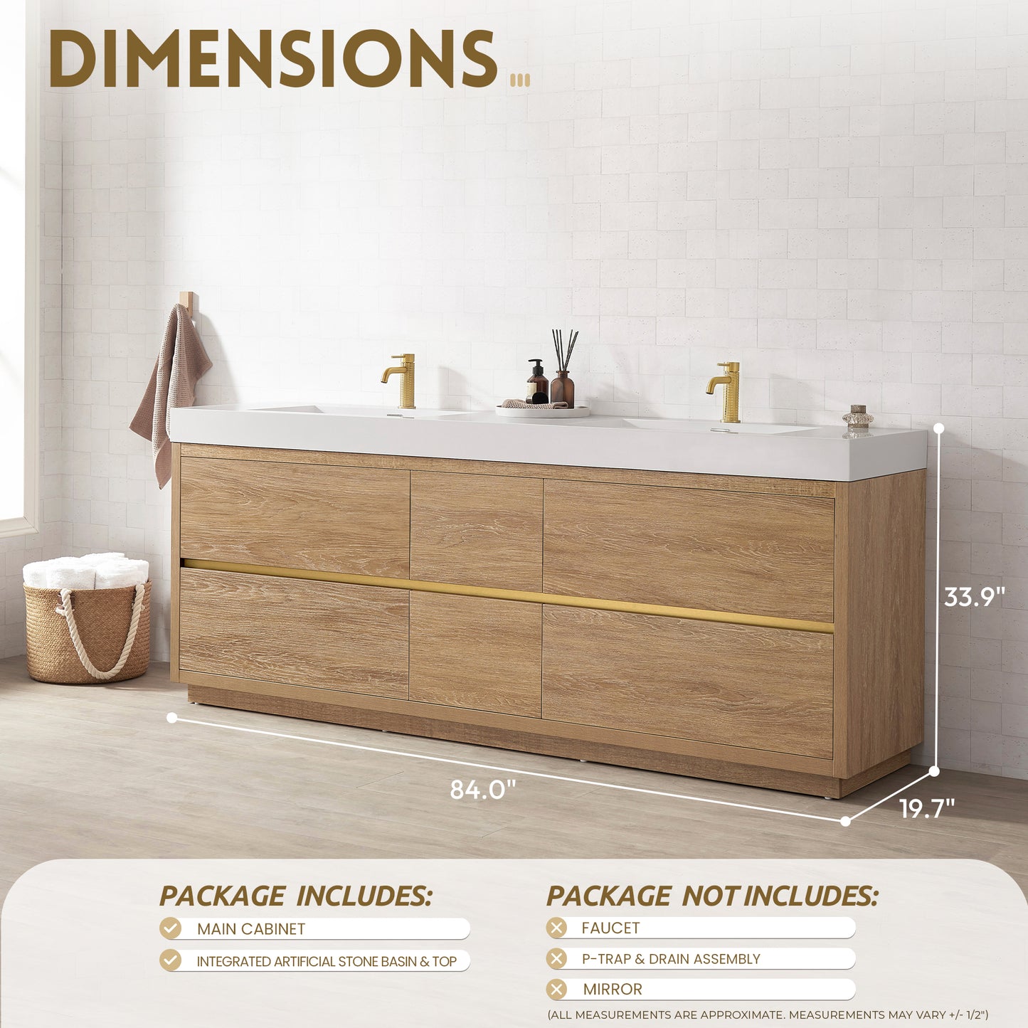 Vinnova, Huesca 84" Double Sink Bath Vanity in North American Oak with White Composite Integral Square Sink Top