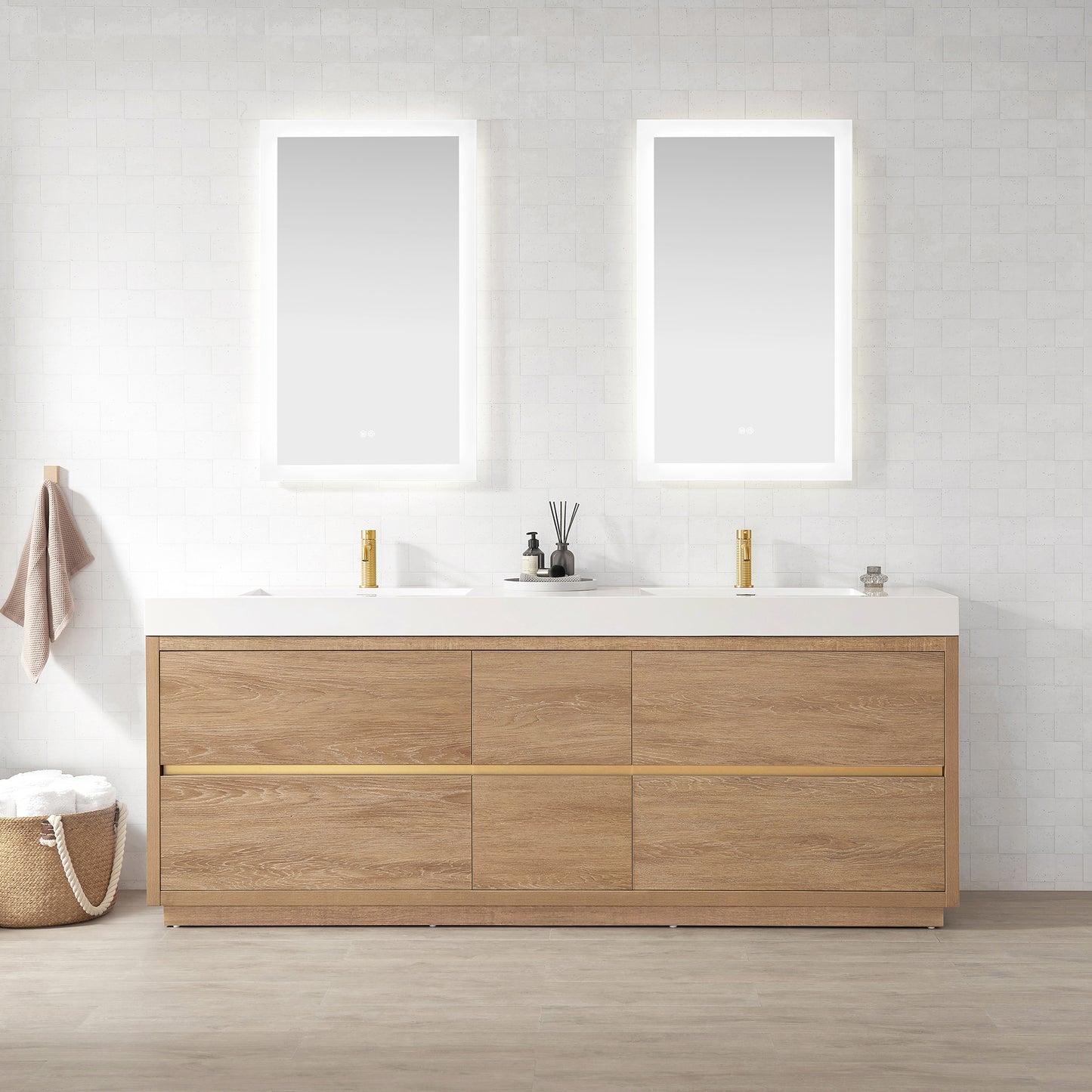 Vinnova, Huesca 84" Double Sink Bath Vanity in North American Oak with White Composite Integral Square Sink Top and Mirror