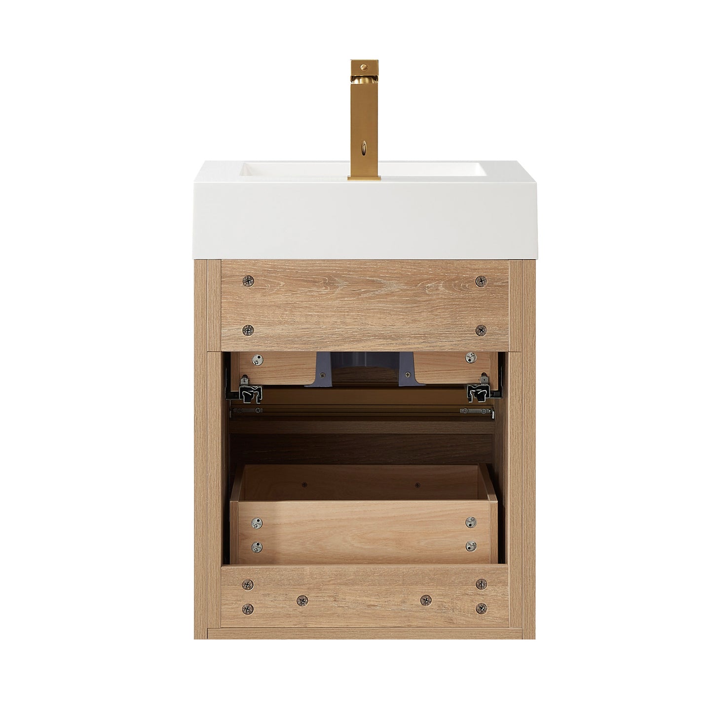 Vinnova, Palencia 18" Single Sink Wall-Mount Bath Vanity in North American Oak with White Composite Integral Square Sink Top and Mirror