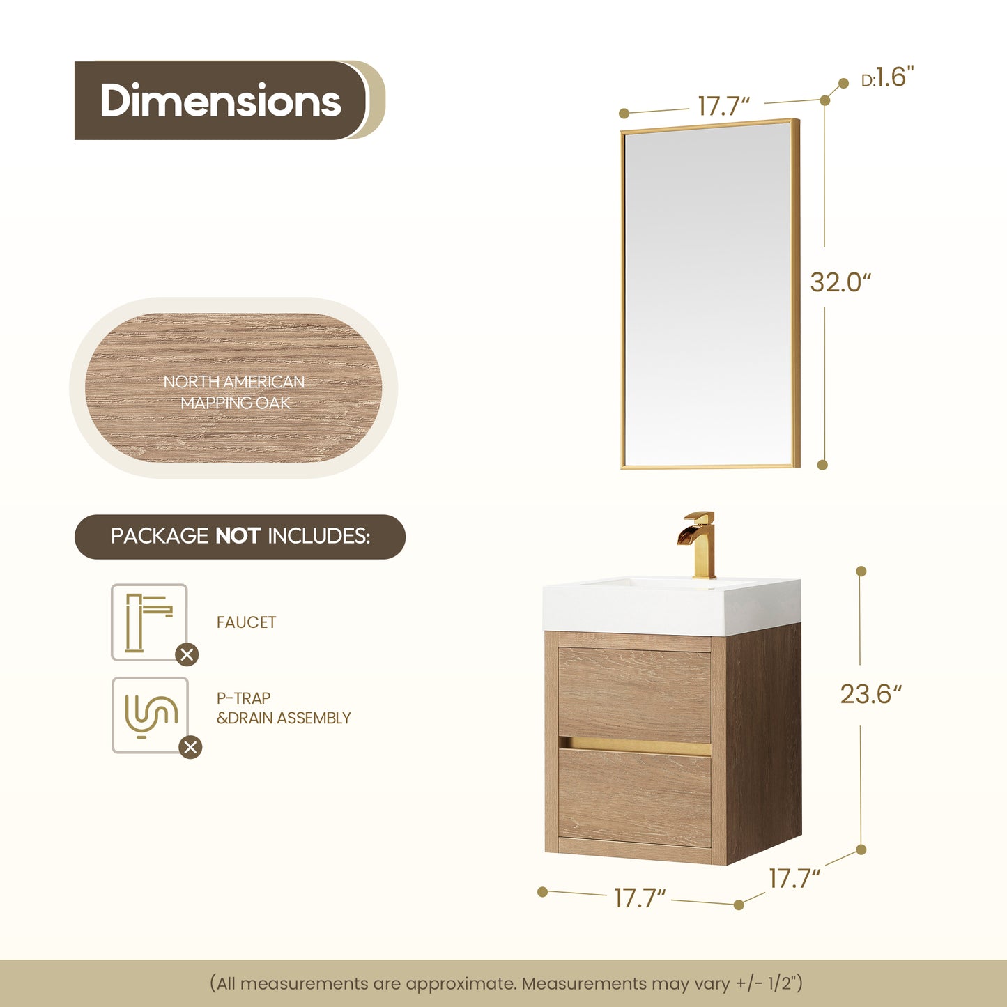 Vinnova, Palencia 18" Single Sink Wall-Mount Bath Vanity in North American Oak with White Composite Integral Square Sink Top and Mirror