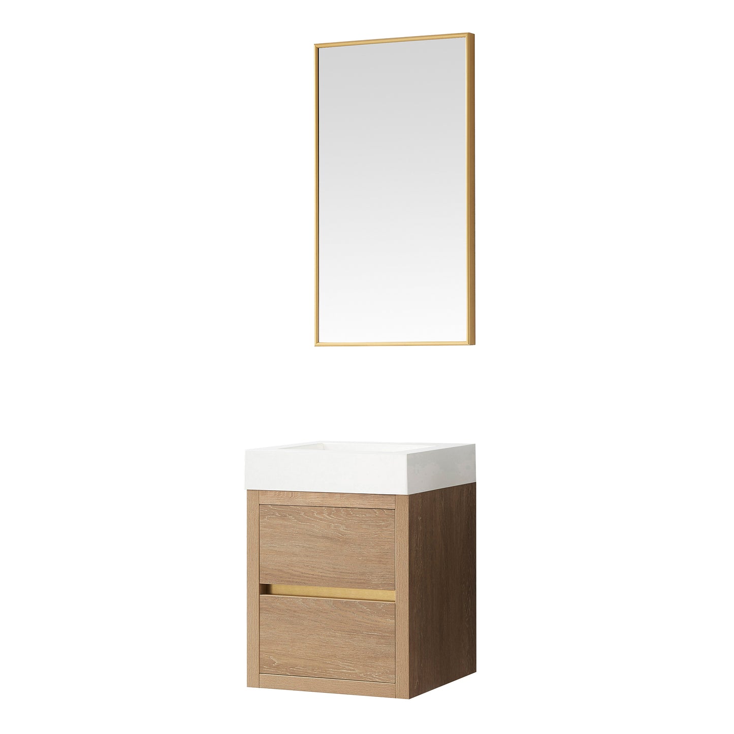 Vinnova, Palencia 18" Single Sink Wall-Mount Bath Vanity in North American Oak with White Composite Integral Square Sink Top and Mirror