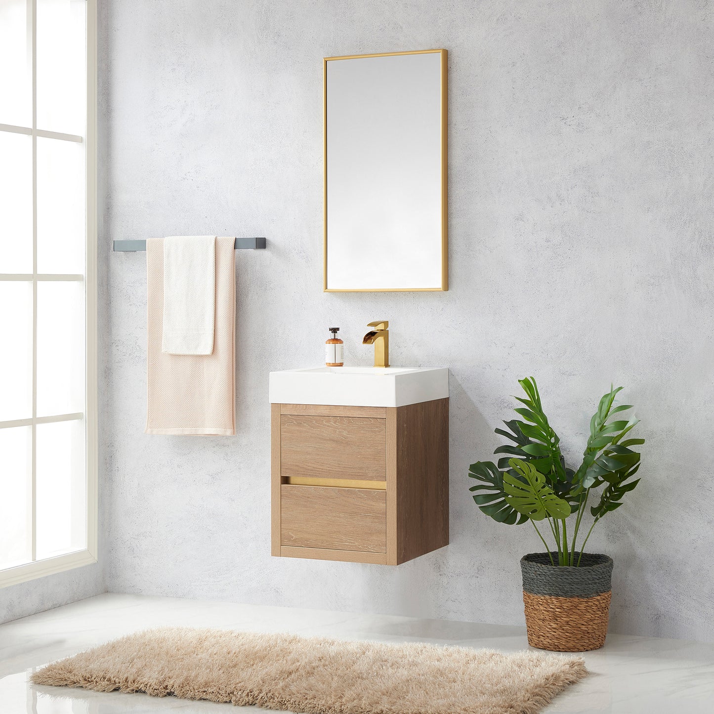 Vinnova, Palencia 18" Single Sink Wall-Mount Bath Vanity in North American Oak with White Composite Integral Square Sink Top and Mirror