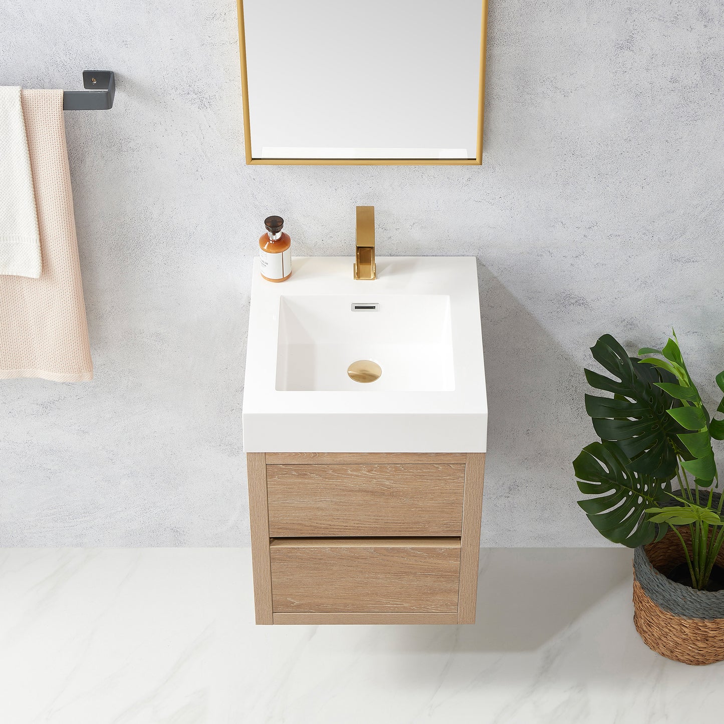 Vinnova, Palencia 18" Single Sink Wall-Mount Bath Vanity in North American Oak with White Composite Integral Square Sink Top and Mirror