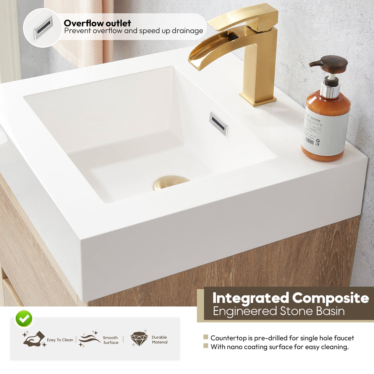 Vinnova, Palencia 18" Single Sink Wall-Mount Bath Vanity in North American Oak with White Composite Integral Square Sink Top and Mirror