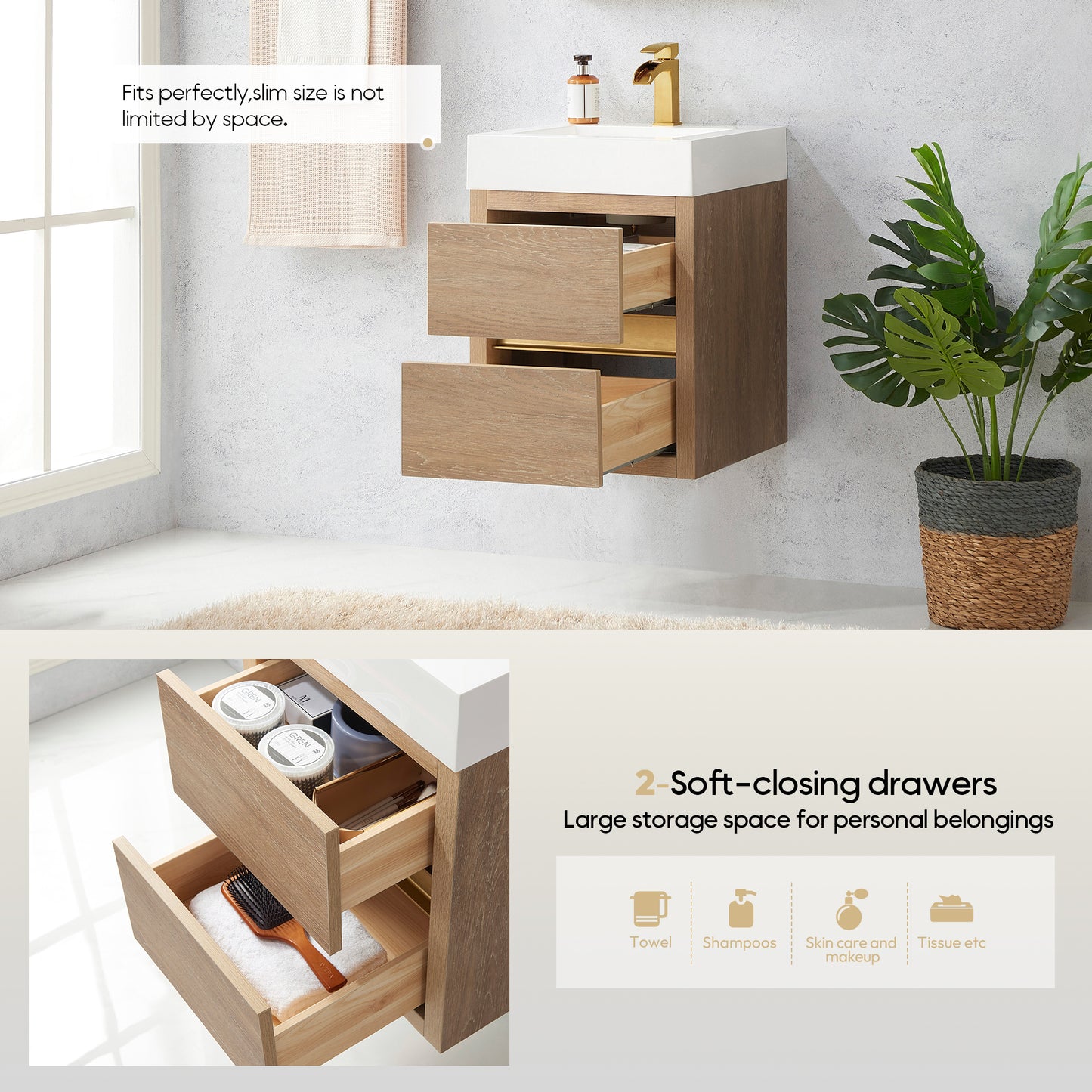 Vinnova, Palencia 18" Single Sink Wall-Mount Bath Vanity in North American Oak with White Composite Integral Square Sink Top and Mirror