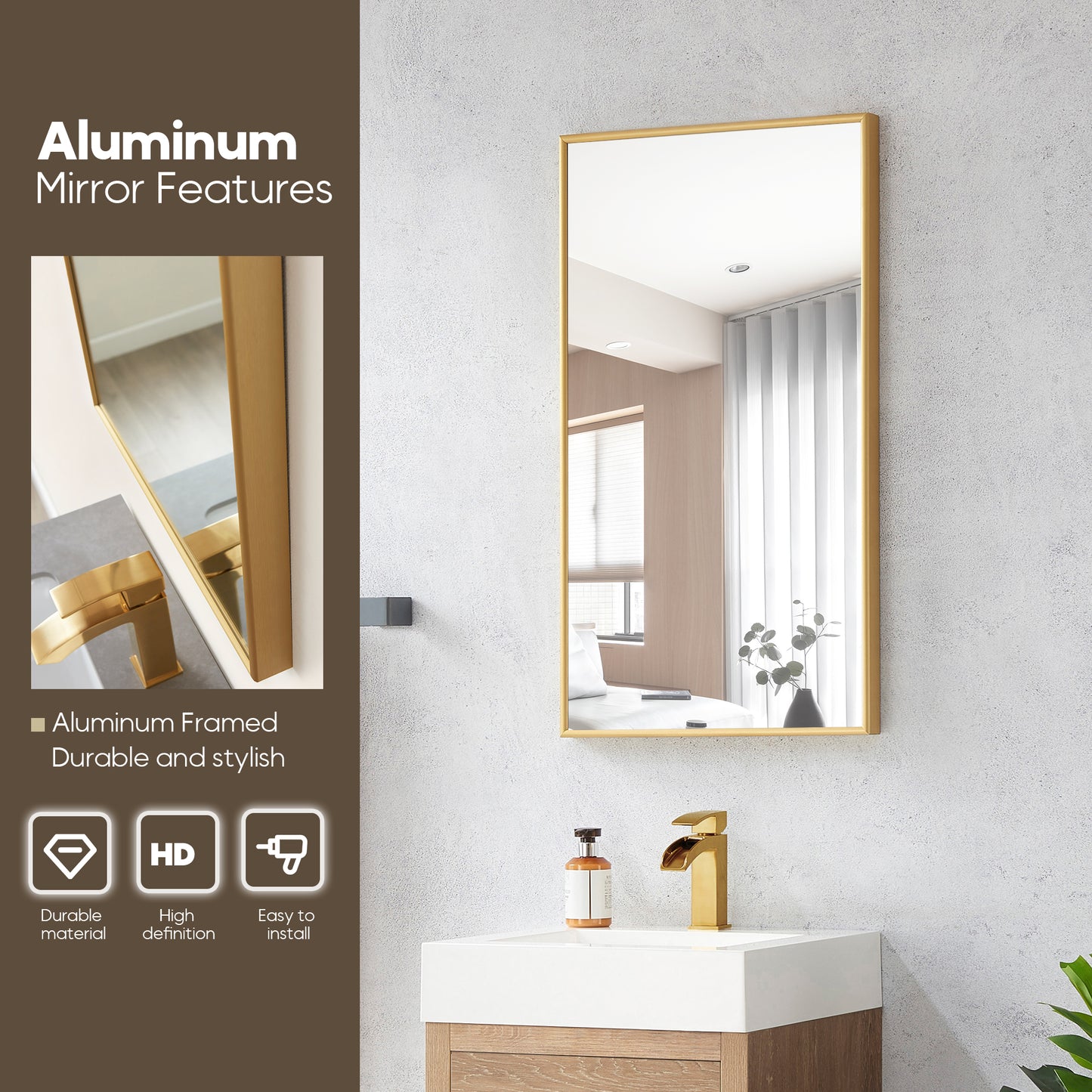 Vinnova, Palencia 18" Single Sink Wall-Mount Bath Vanity in North American Oak with White Composite Integral Square Sink Top and Mirror