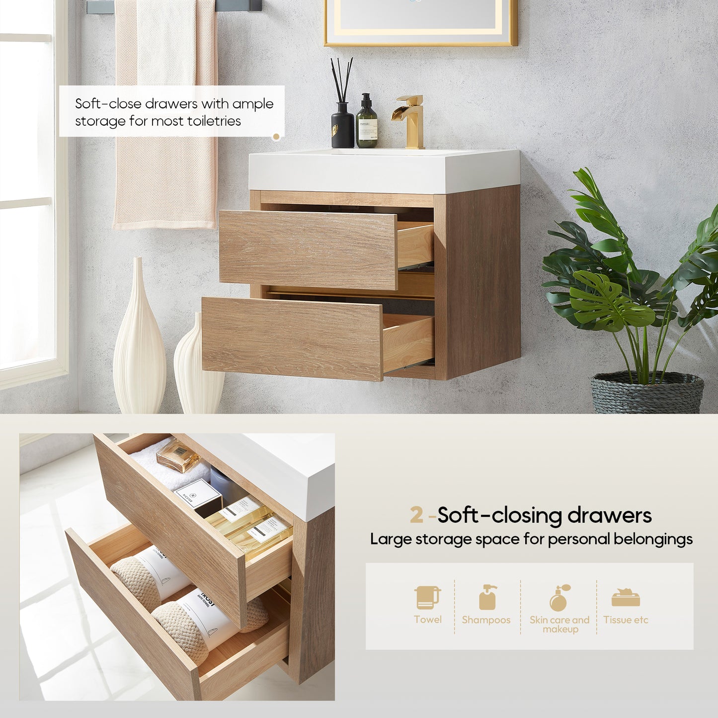 Vinnova, Palencia 24" Single Sink Wall-Mount Bath Vanity in North American Oak with White Composite Integral Square Sink Top