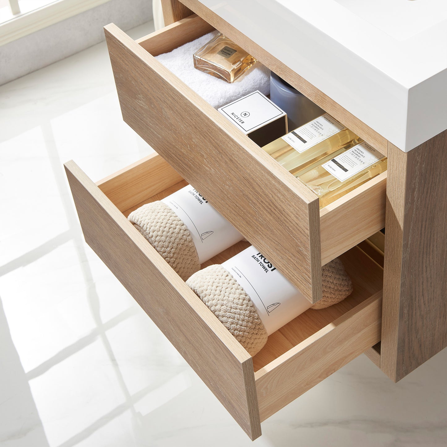 Vinnova, Palencia 24" Single Sink Wall-Mount Bath Vanity in North American Oak with White Composite Integral Square Sink Top