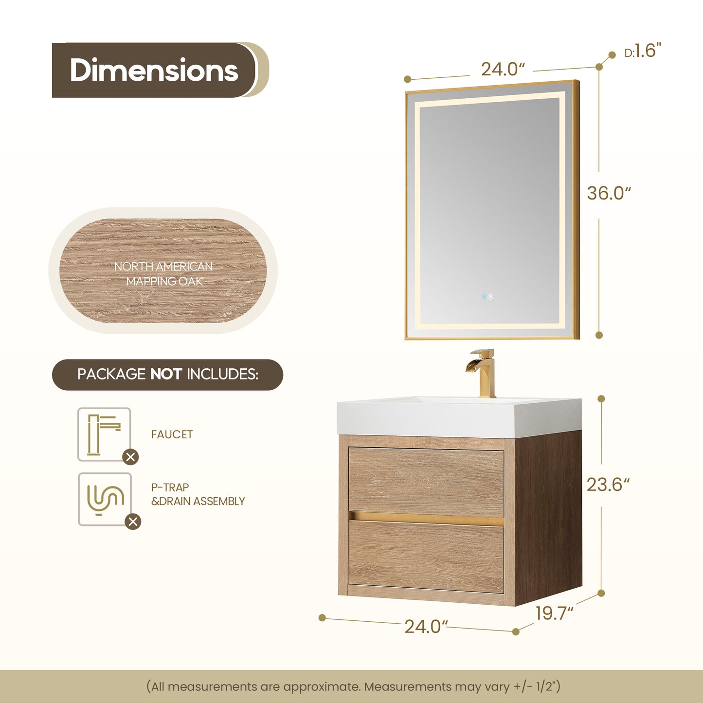 Vinnova, Palencia 24" Single Sink Wall-Mount Bath Vanity in North American Oak with White Composite Integral Square Sink Top and Mirror