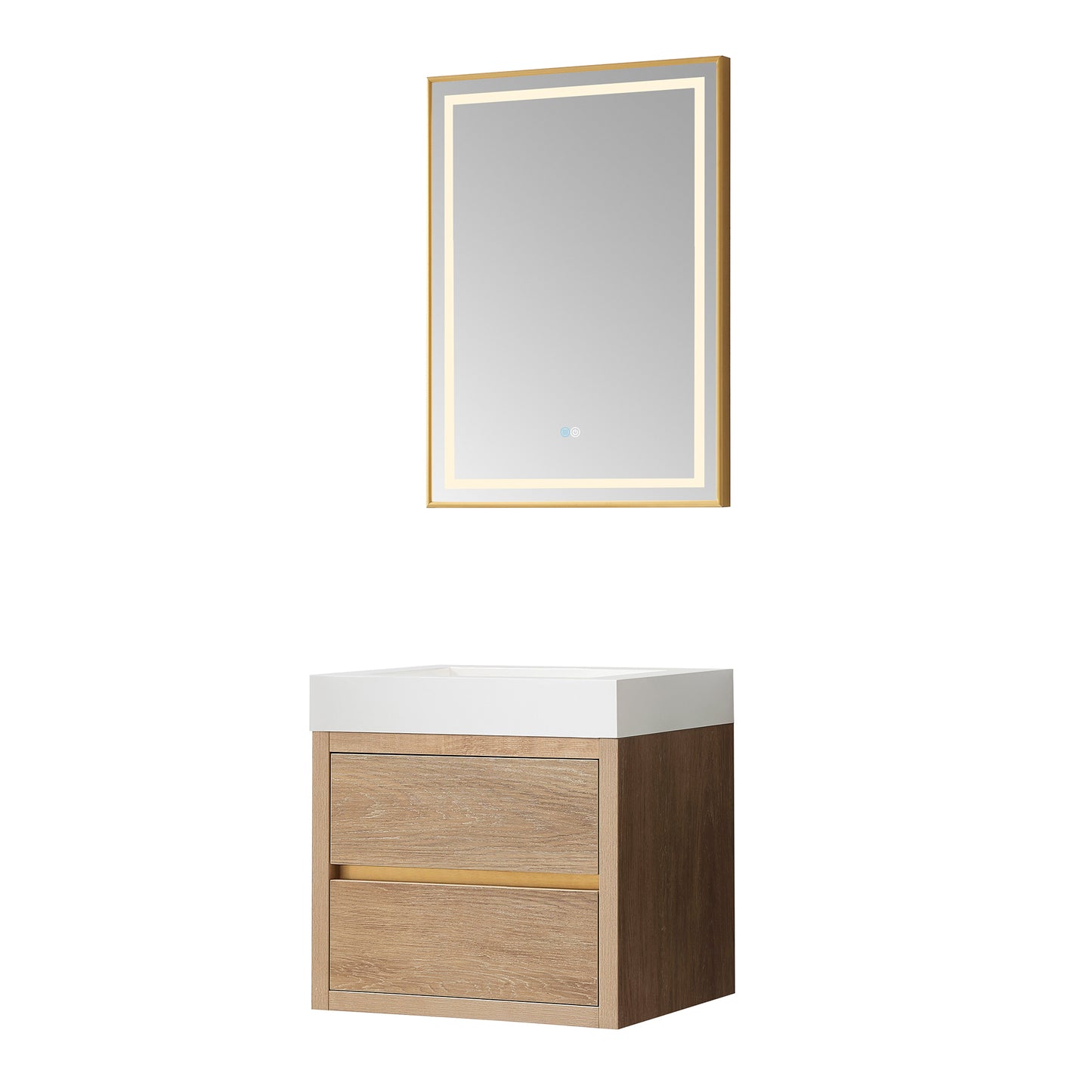 Vinnova, Palencia 24" Single Sink Wall-Mount Bath Vanity in North American Oak with White Composite Integral Square Sink Top and Mirror