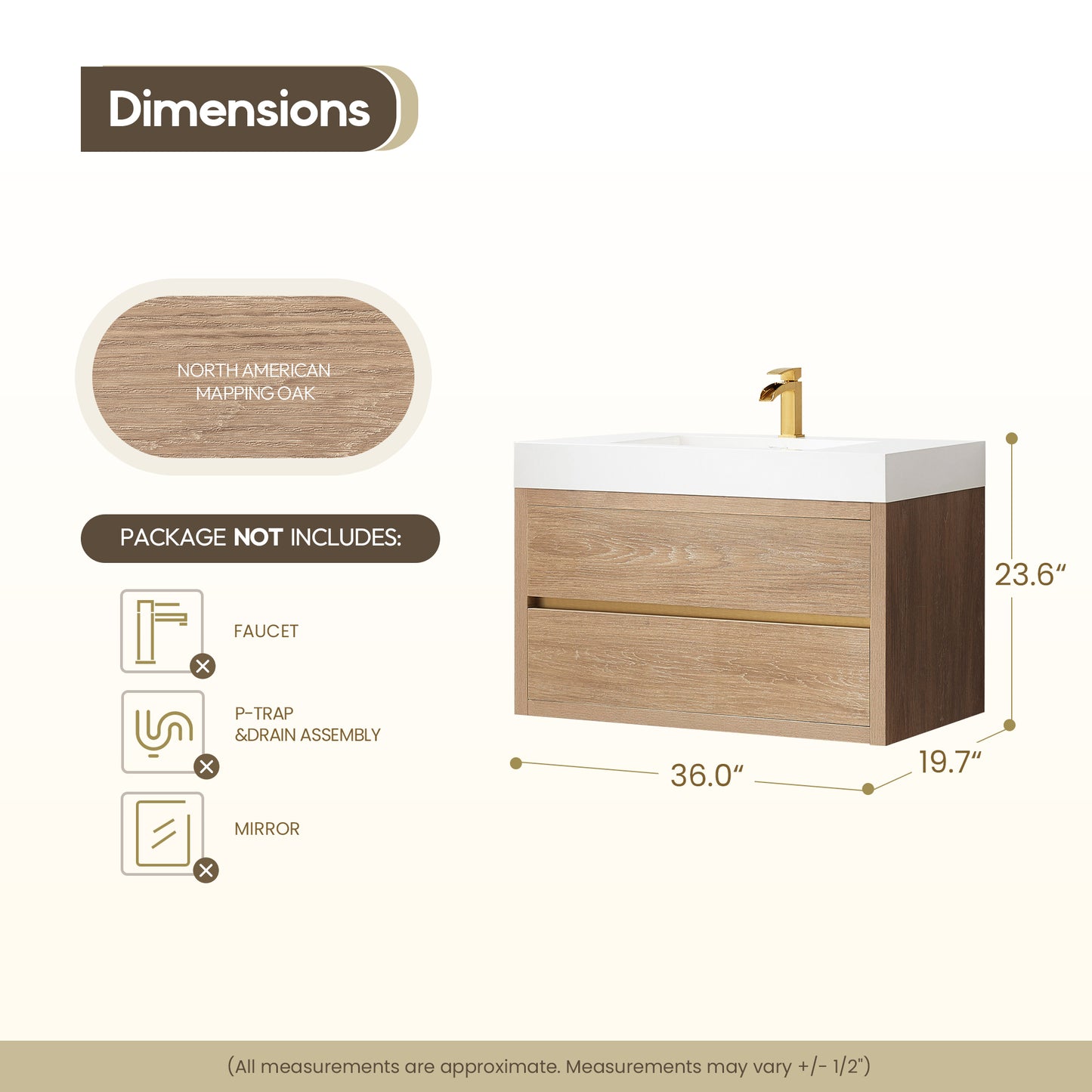Vinnova, Palencia 36" Single Sink Wall-Mount Bath Vanity in North American Oak with White Composite Integral Square Sink Top