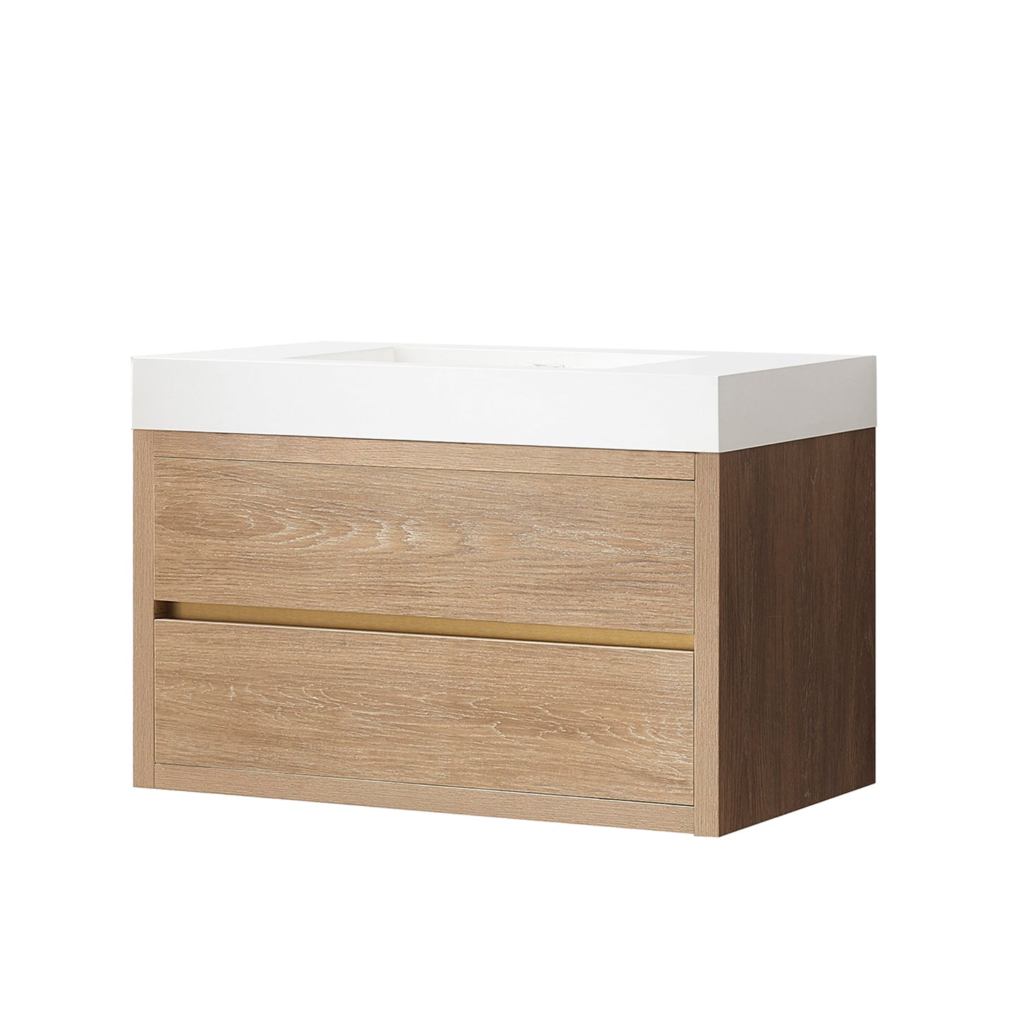 Vinnova, Palencia 36" Single Sink Wall-Mount Bath Vanity in North American Oak with White Composite Integral Square Sink Top