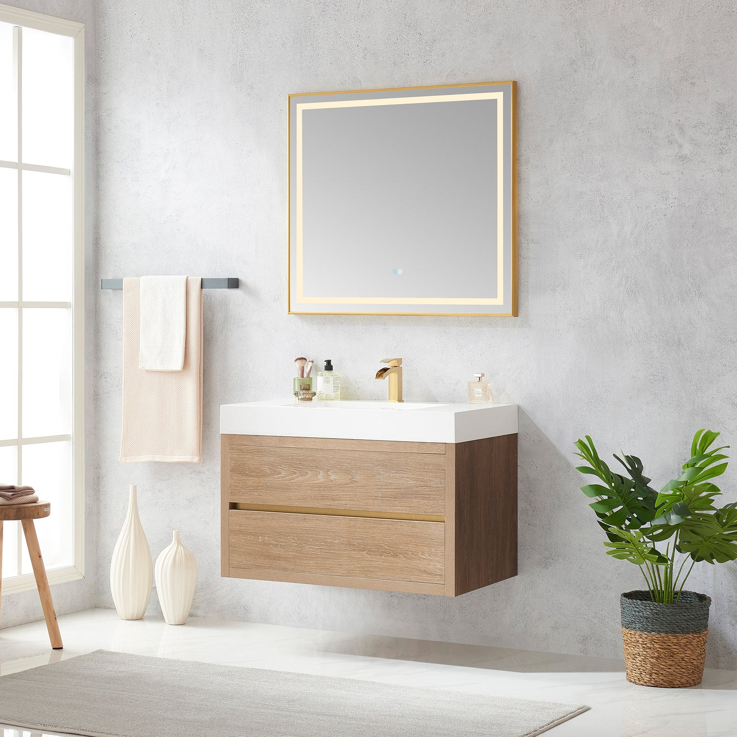 Vinnova, Palencia 36" Single Sink Wall-Mount Bath Vanity in North American Oak with White Composite Integral Square Sink Top