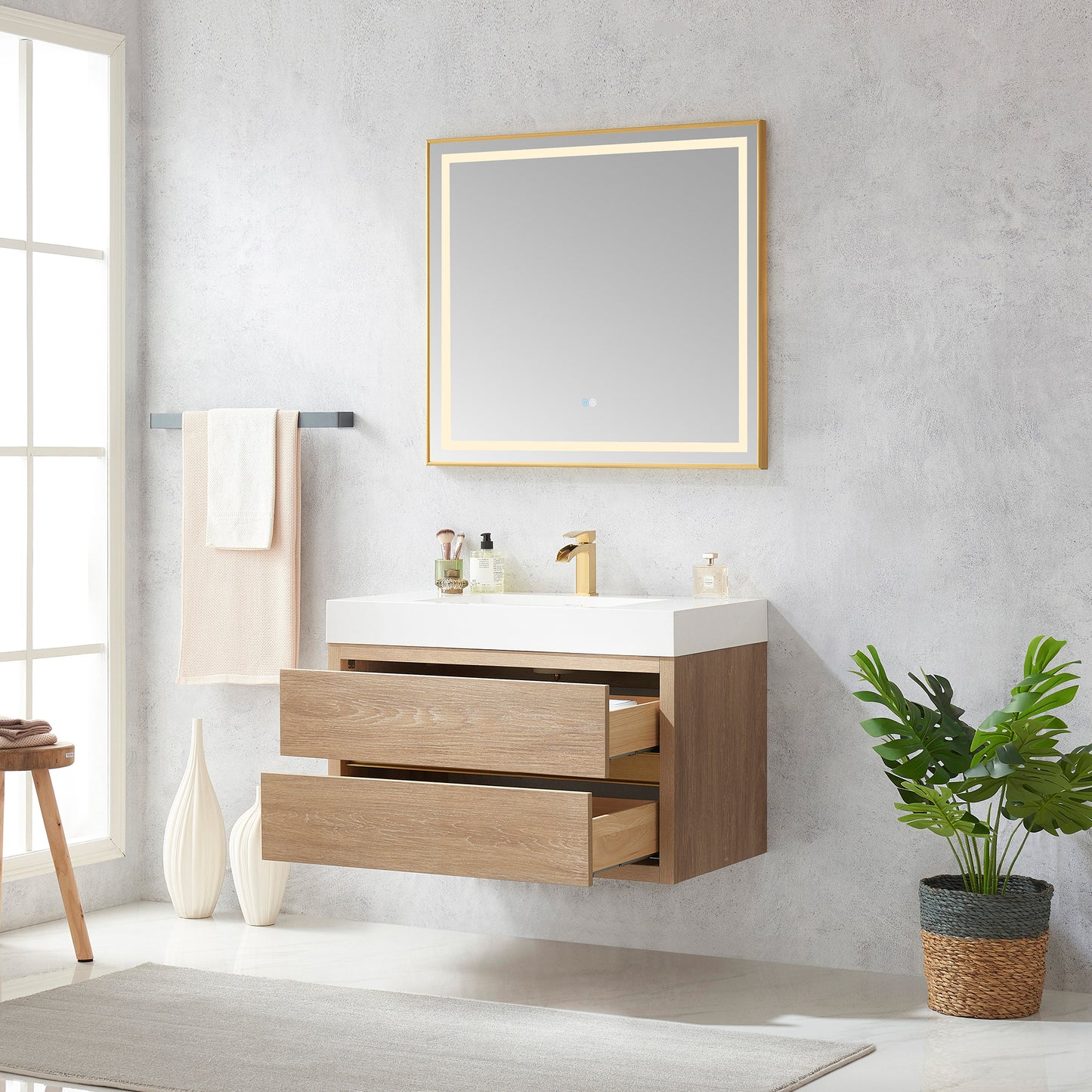 Vinnova, Palencia 36" Single Sink Wall-Mount Bath Vanity in North American Oak with White Composite Integral Square Sink Top